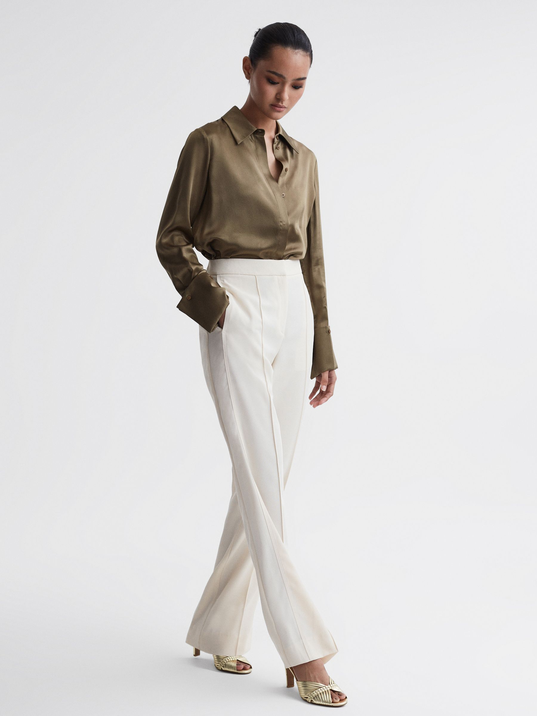 Leather Woven Heeled Mules in Gold - Image 2 of 5