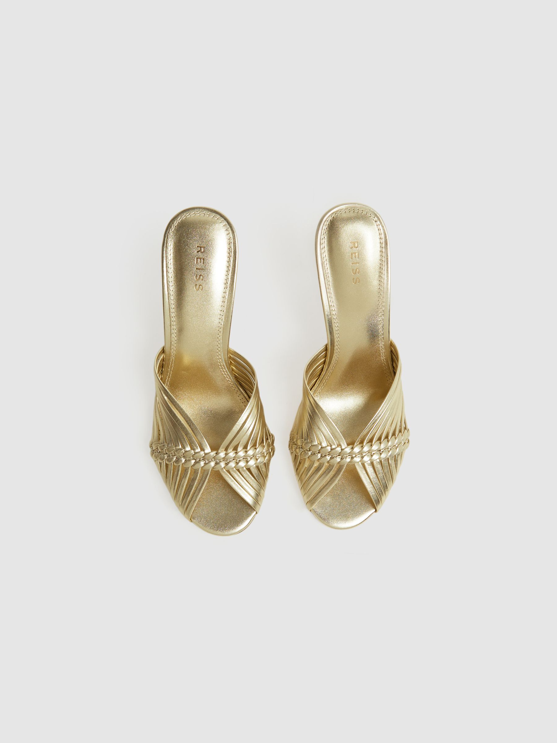 Leather Woven Heeled Mules in Gold - Image 3 of 5