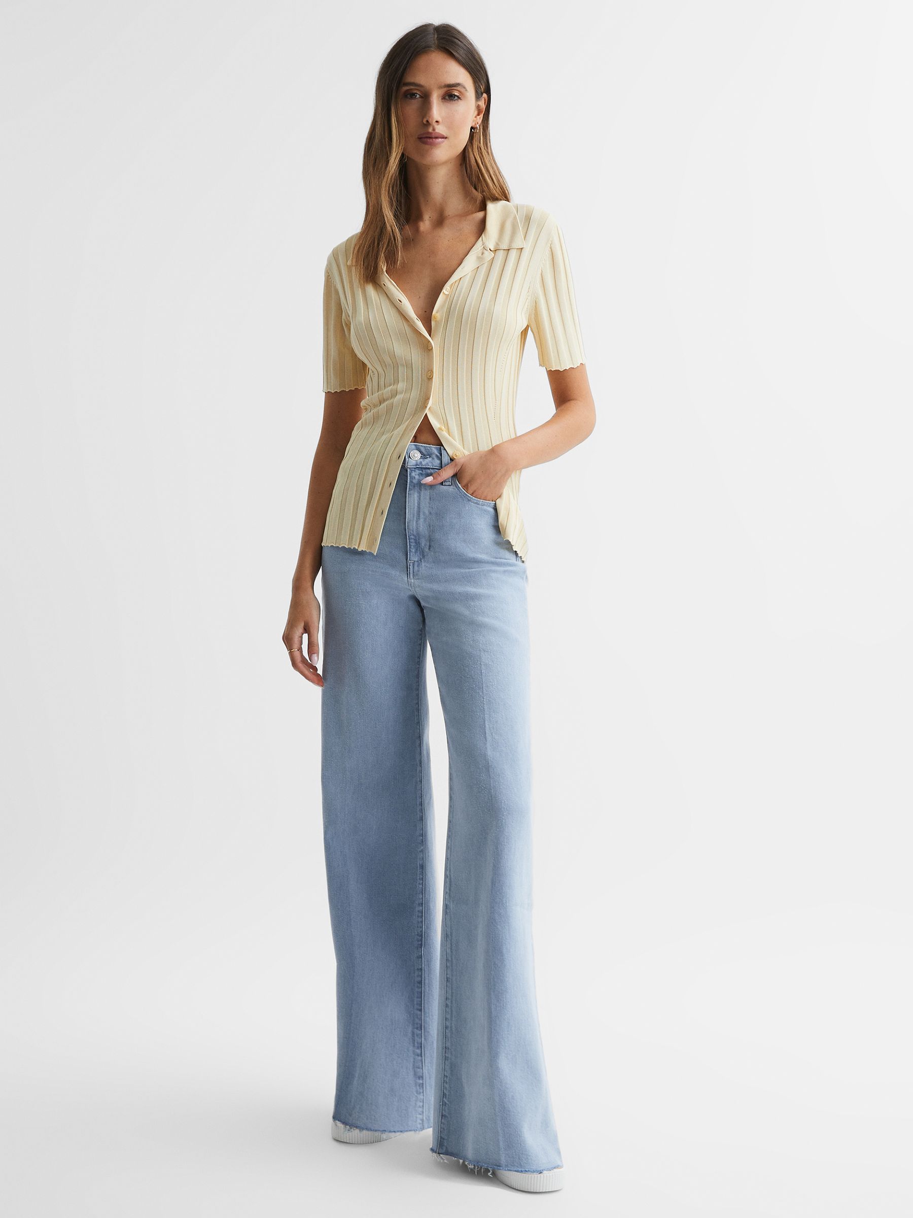 Paige High Rise Wide Leg Raw Hem Jeans in Kianni Distressed - Image 1 of 5 Paige High Rise Wide Leg Raw Hem Jeans in Kianni Distressed - Image 1 of 5