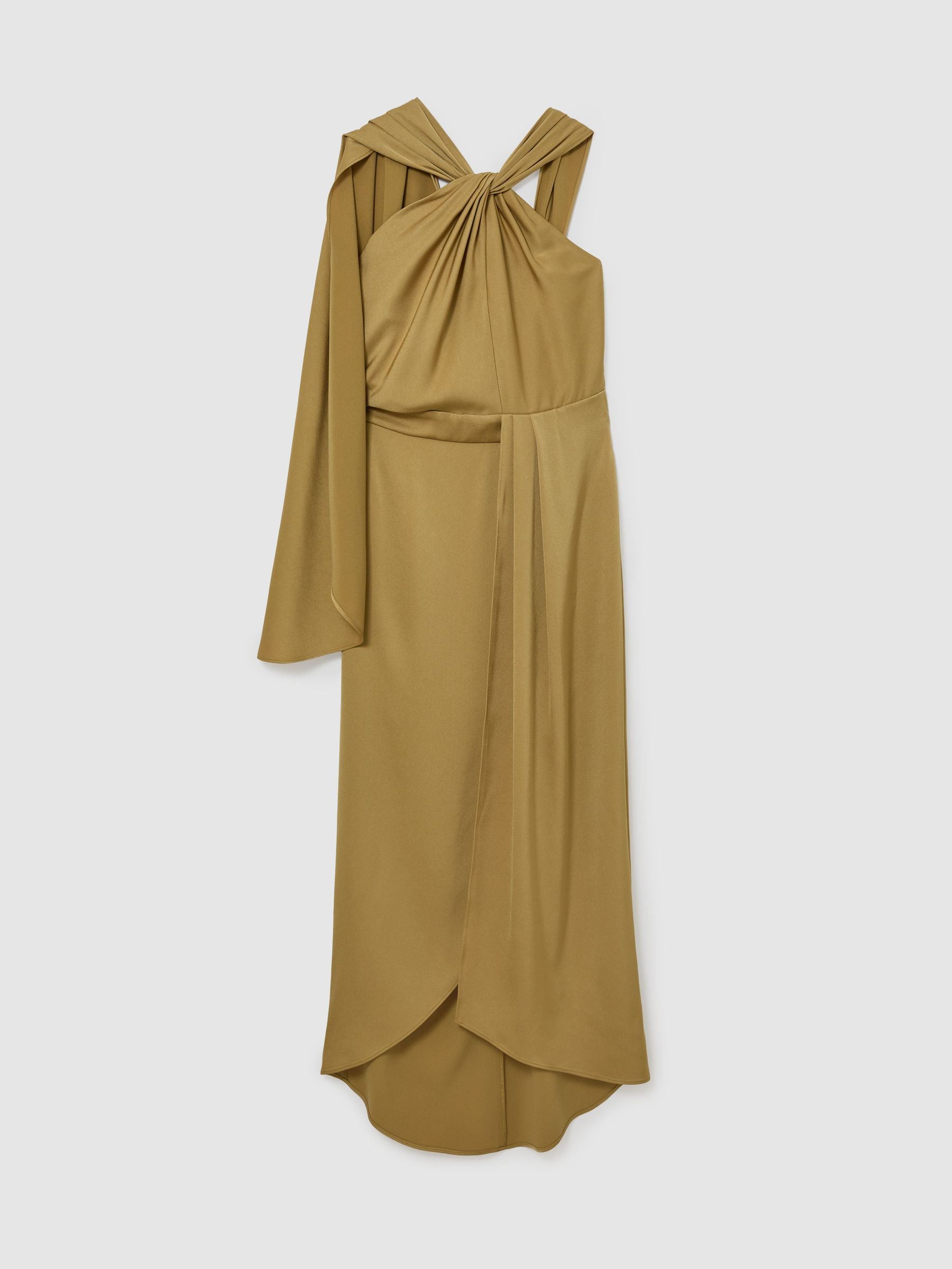 Robe mi-longue drapée à cape latérale en satin doré - Image 2 de 7