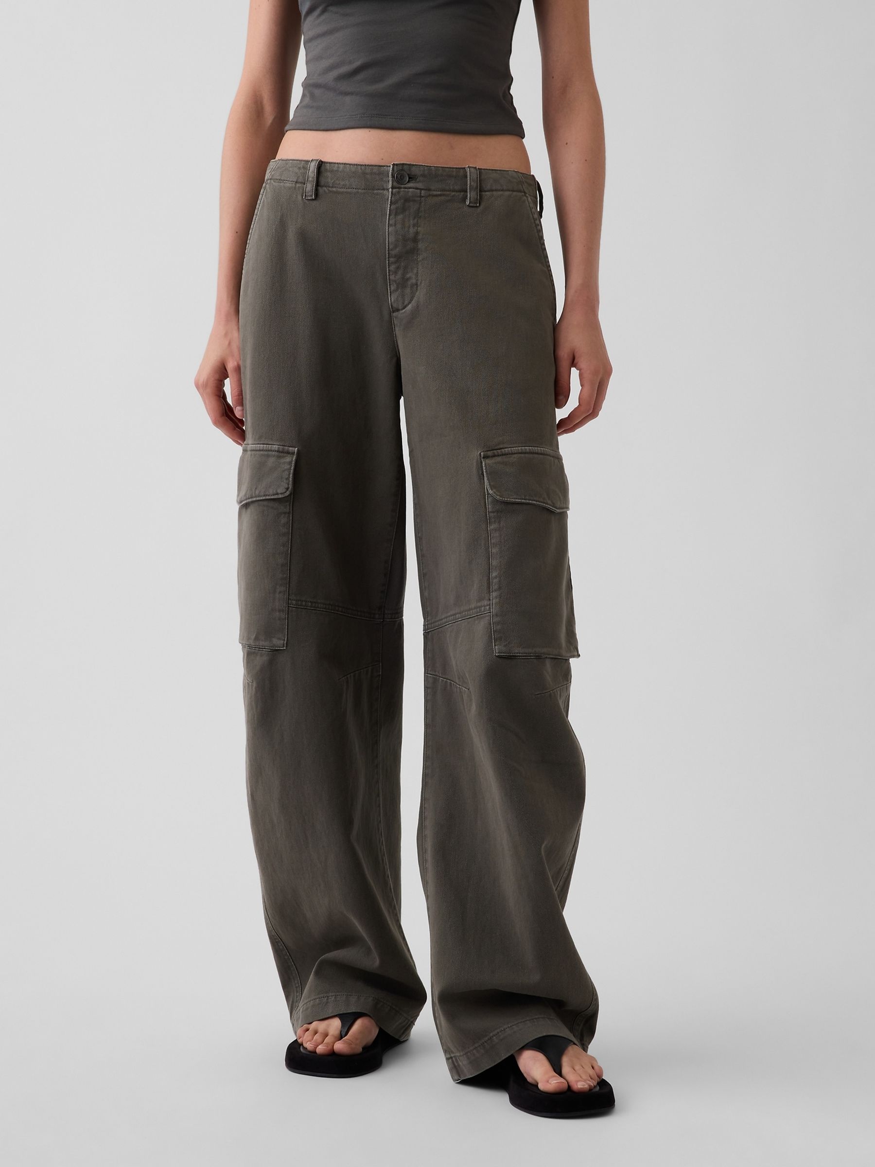 Green Low Rise Twill Baggy Barrel Cargo Trousers - Image 1 of 6