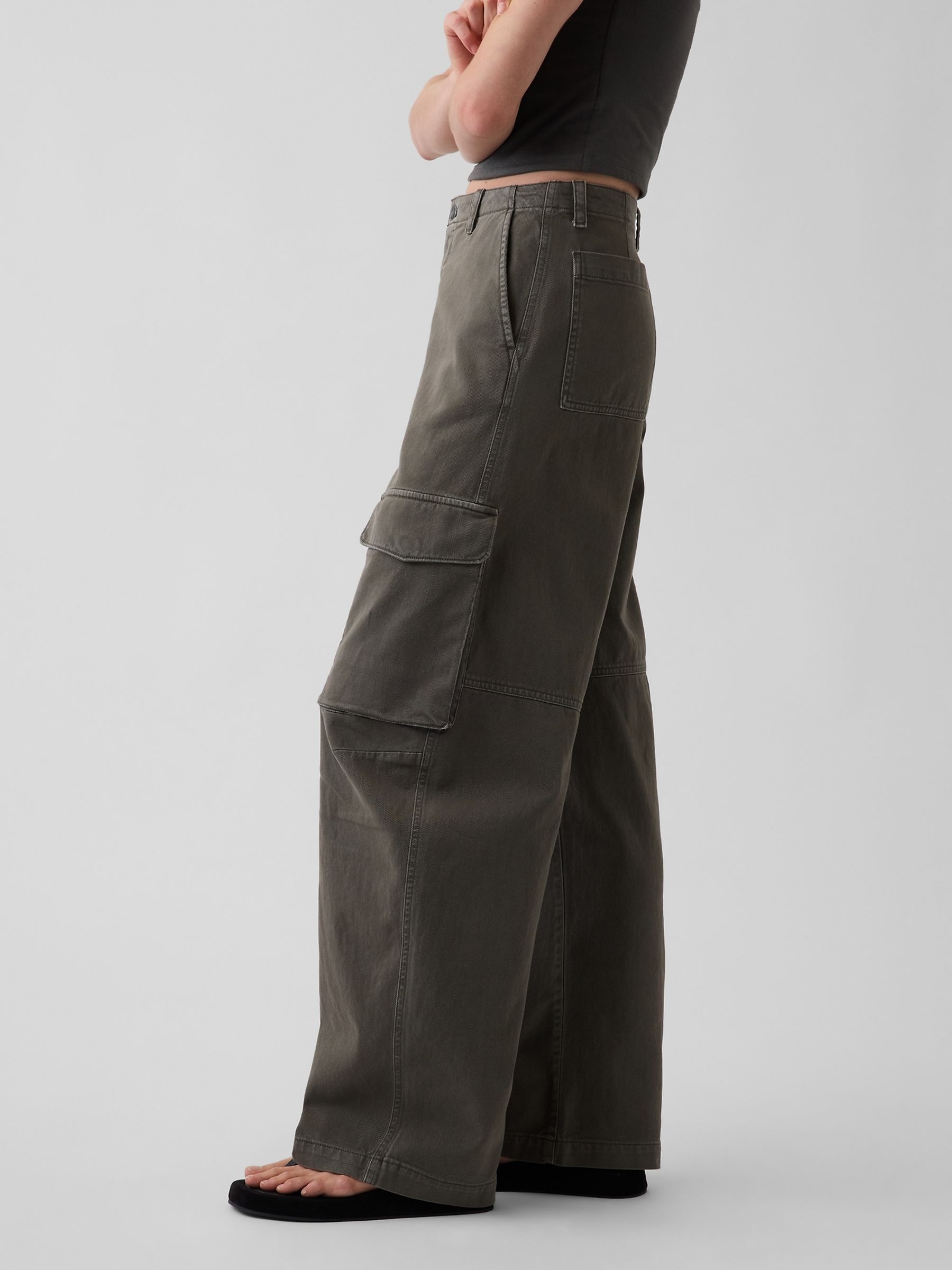 Green Low Rise Twill Baggy Barrel Cargo Trousers - Image 3 of 6
