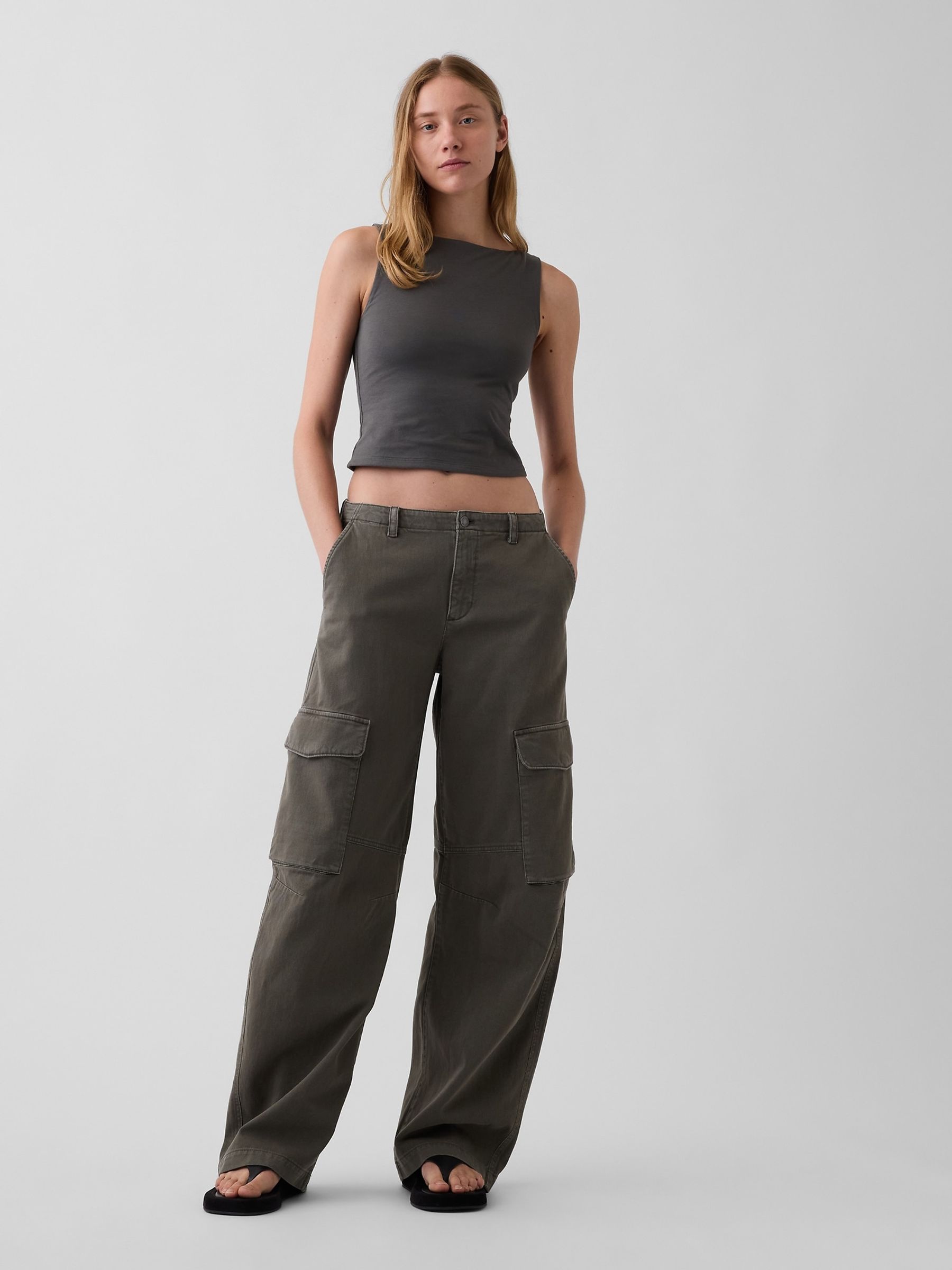 Green Low Rise Twill Baggy Barrel Cargo Trousers - Image 4 of 6