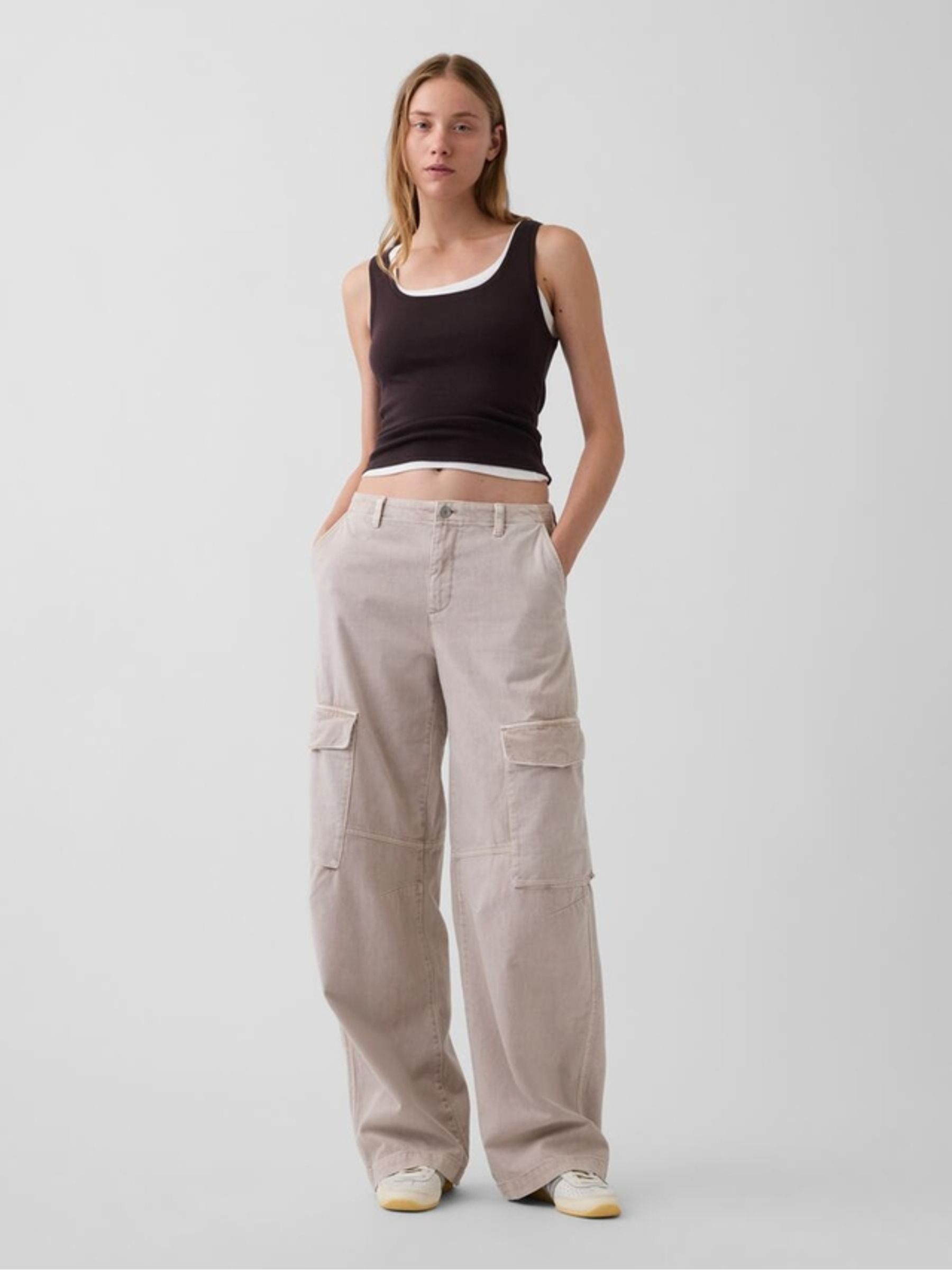 Beige Low Rise Twill Baggy Barrel Cargo Trousers - Image 1 of 4