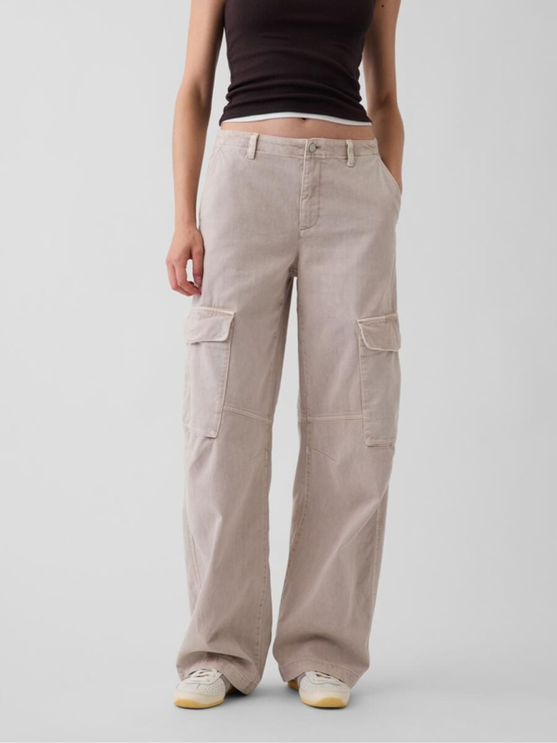 Beige Low Rise Twill Baggy Barrel Cargo Trousers - Image 2 of 4