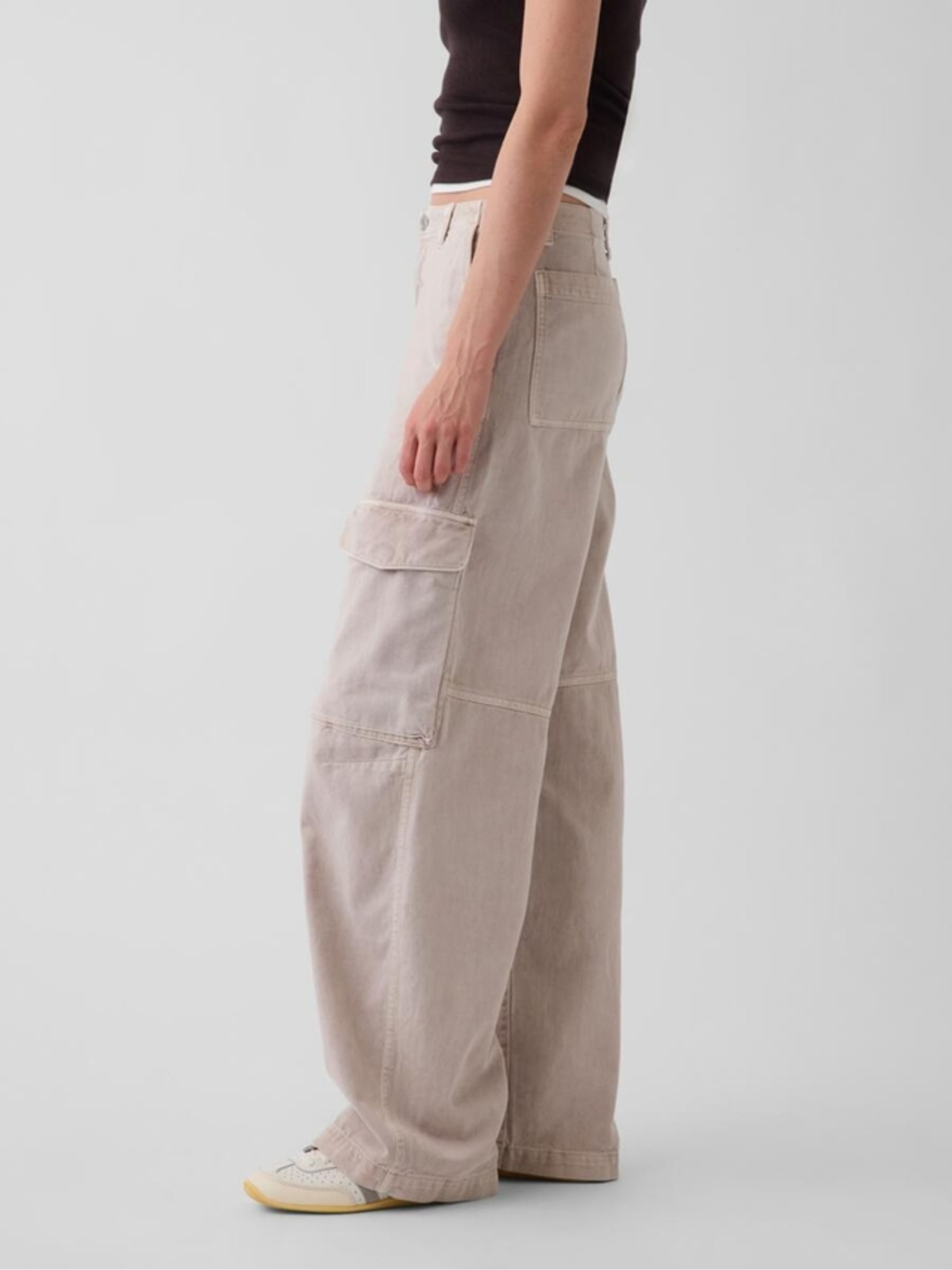 Beige Low Rise Twill Baggy Barrel Cargo Trousers - Image 3 of 4
