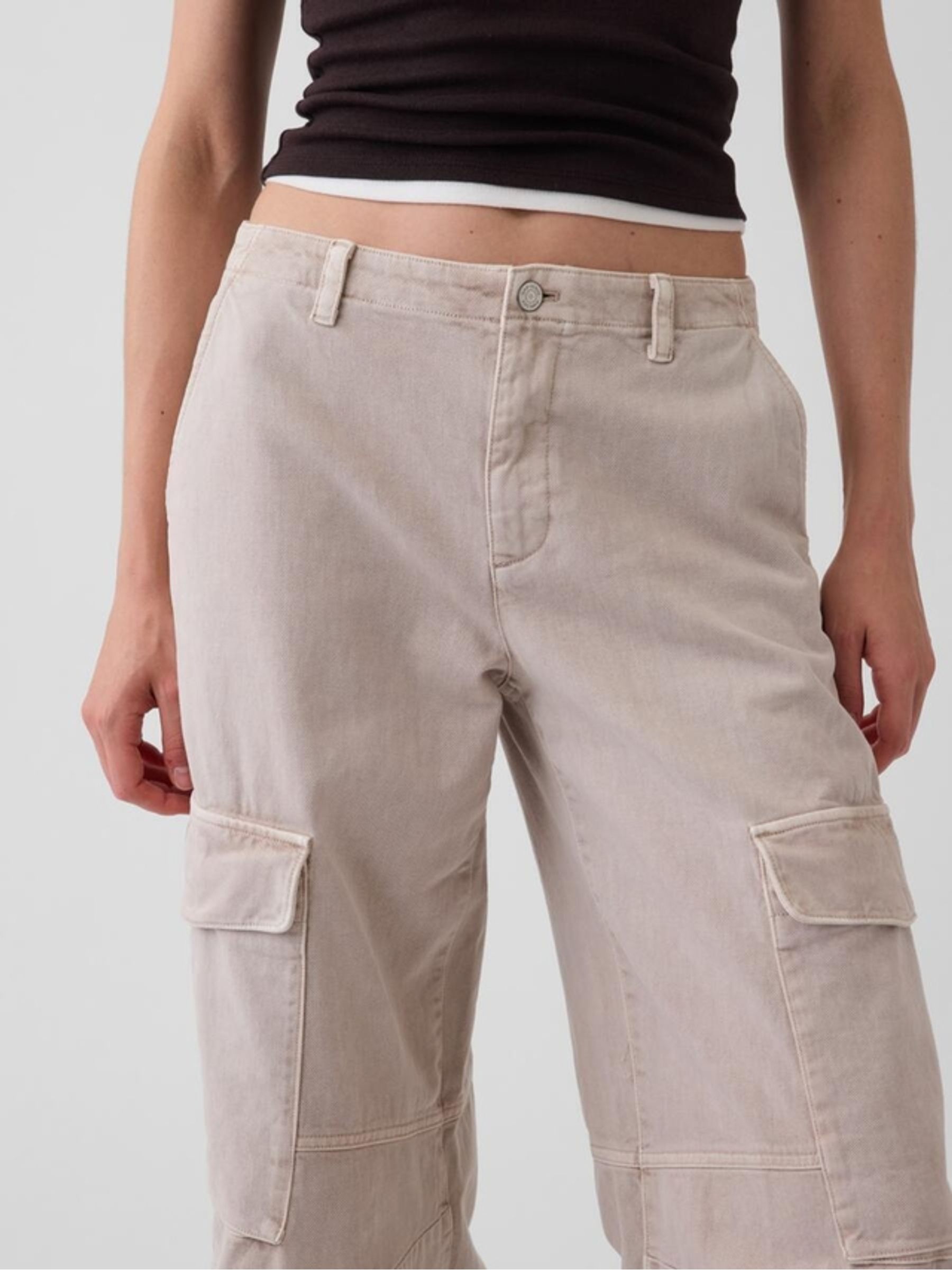 Beige Low Rise Twill Baggy Barrel Cargo Trousers - Image 4 of 4