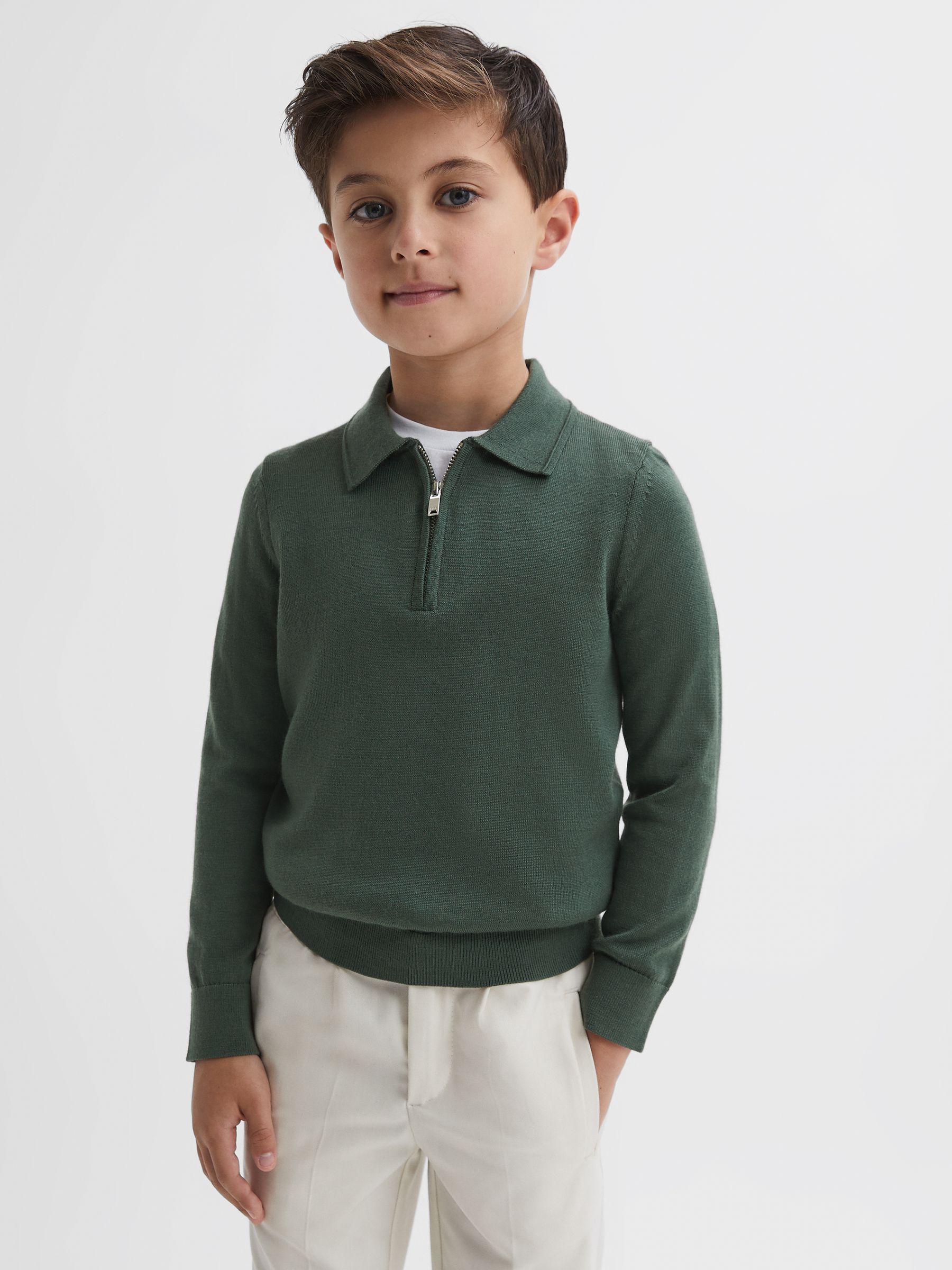 Senior Slim Fit Merino Wool Polo Shirt in Ivy Green - Image 1 of 6
