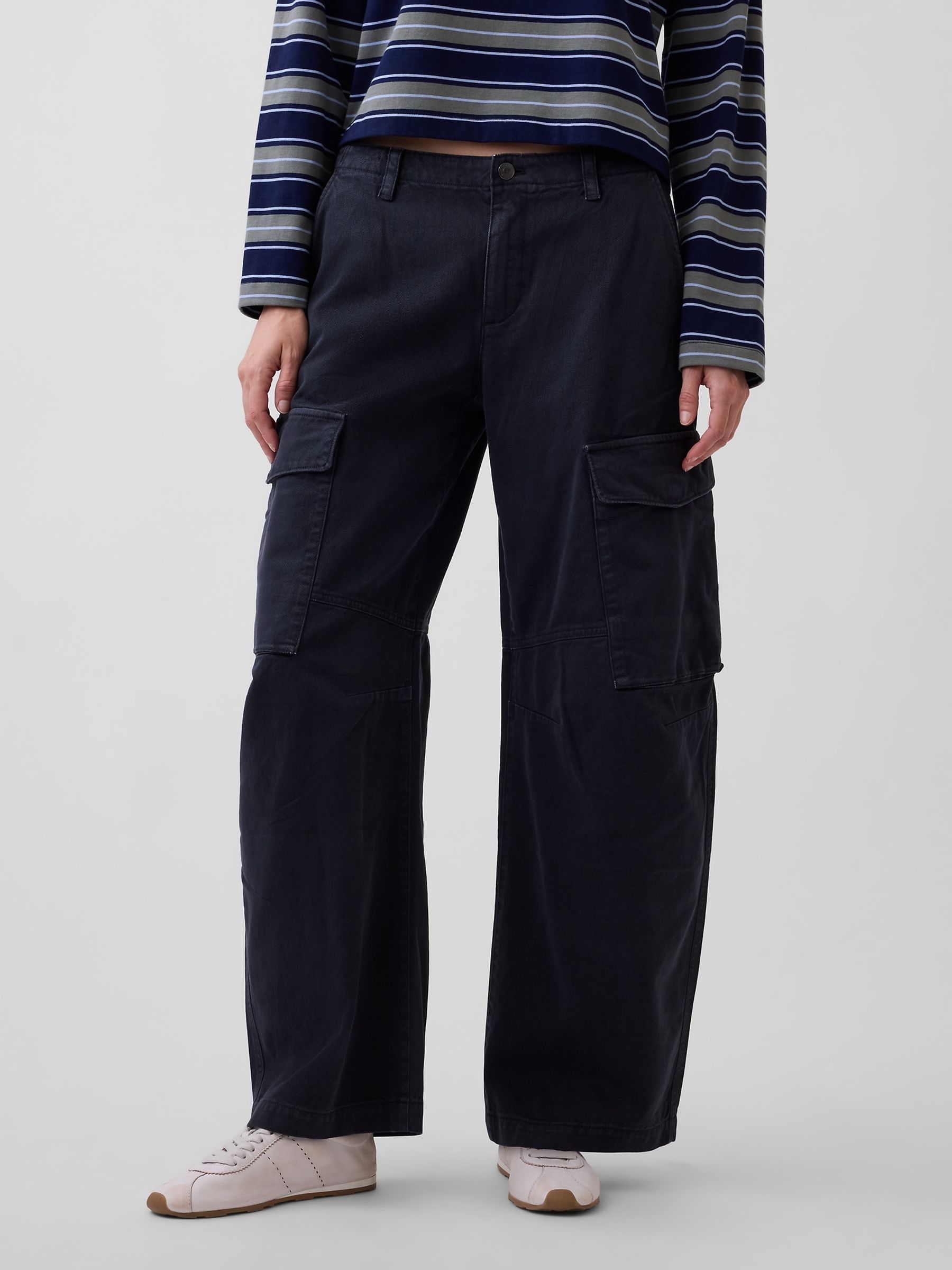 Black Low Rise Twill Baggy Barrel Cargo Trousers - Image 1 of 6