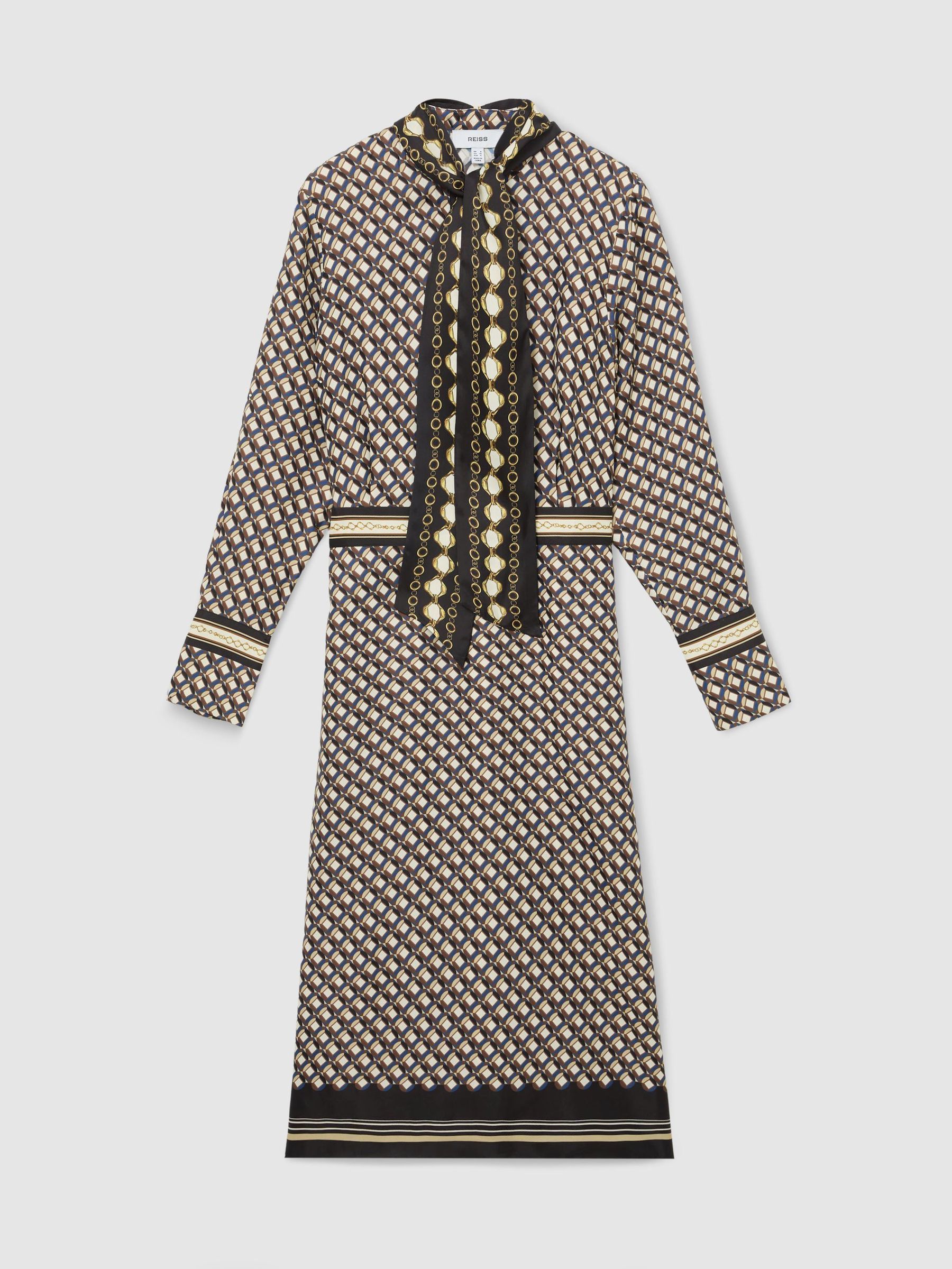 Petite Scarf-Print Tie-Neck Midi Dress in Navy/Gold - Image 2 of 10 Petite Scarf-Print Tie-Neck Midi Dress in Navy/Gold - Image 2 of 10