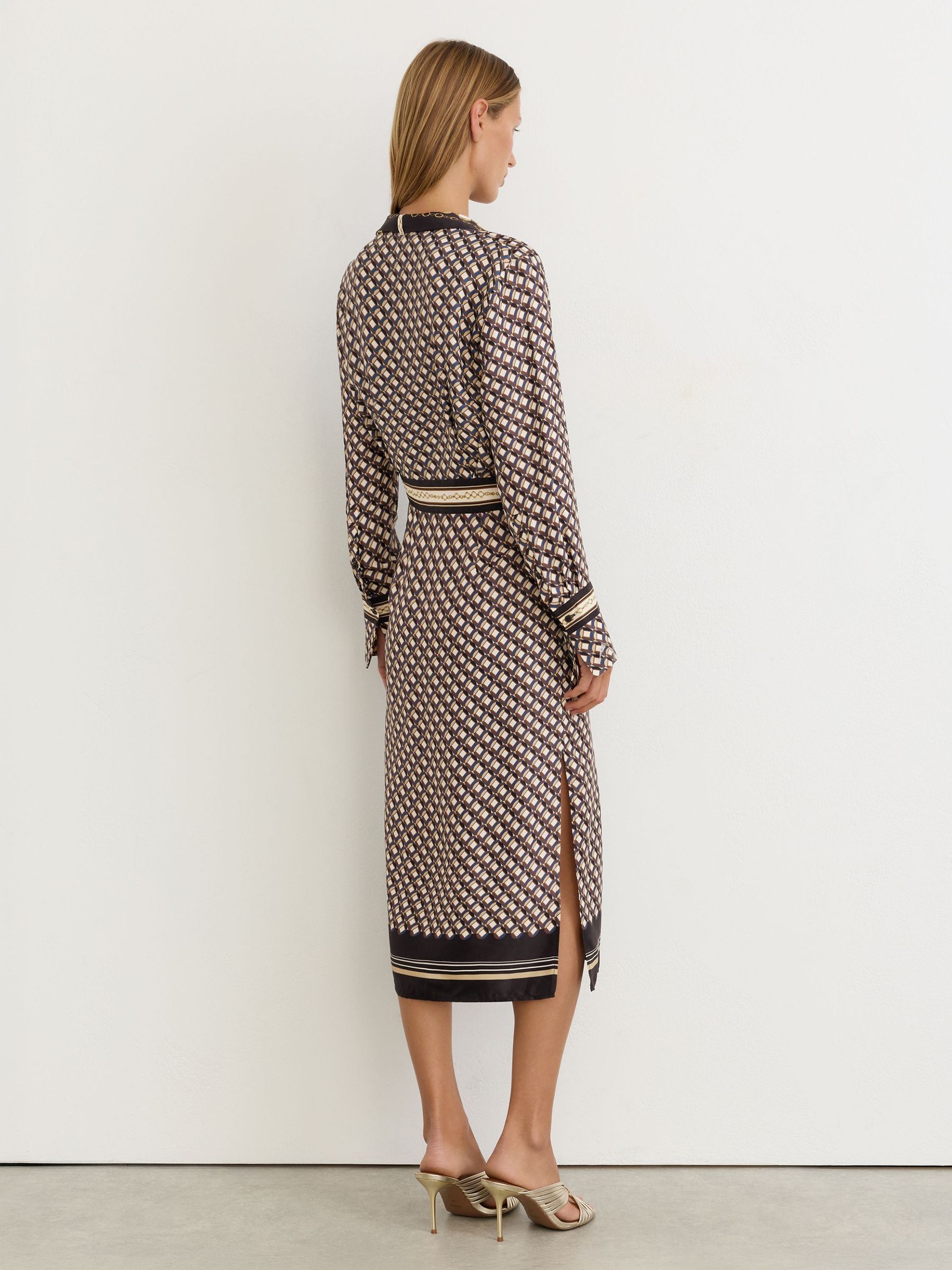 Petite Scarf-Print Tie-Neck Midi Dress in Navy/Gold - Image 5 of 10