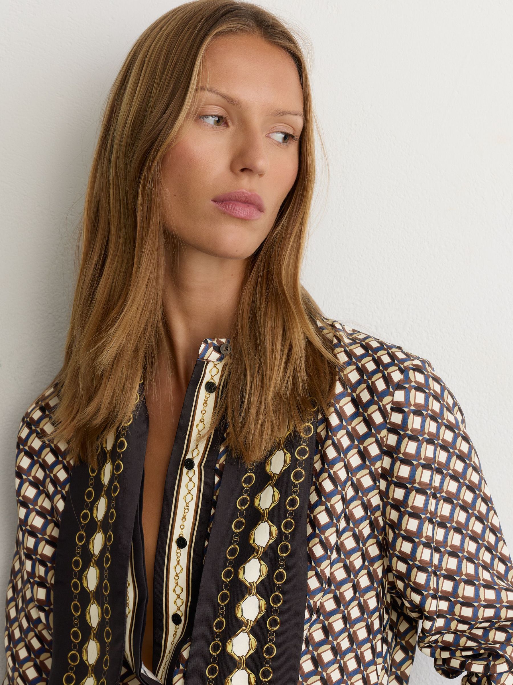 Petite Scarf-Print Tie-Neck Midi Dress in Navy/Gold - Image 7 of 10