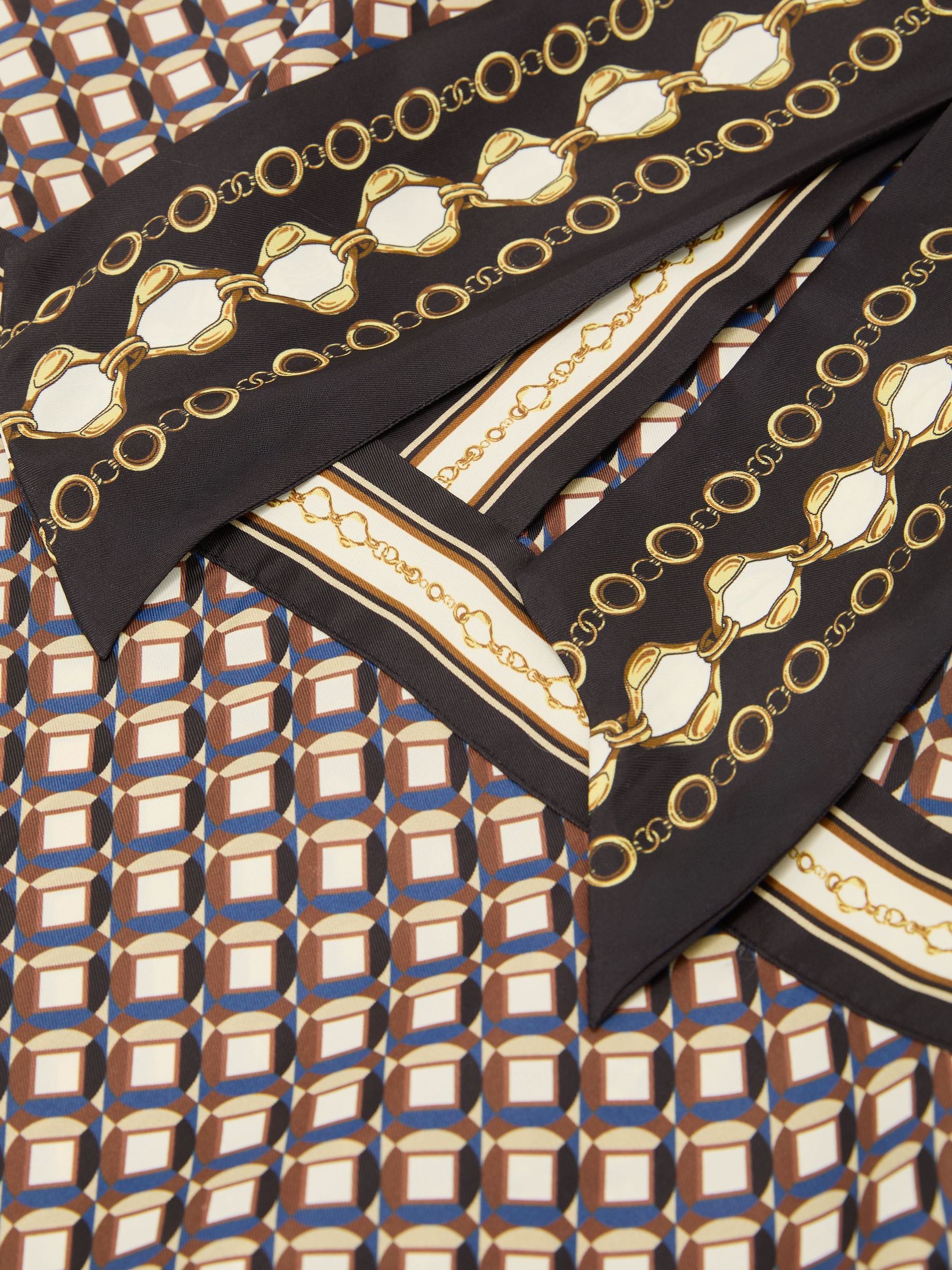 Petite Scarf-Print Tie-Neck Midi Dress in Navy/Gold - Image 9 of 10
