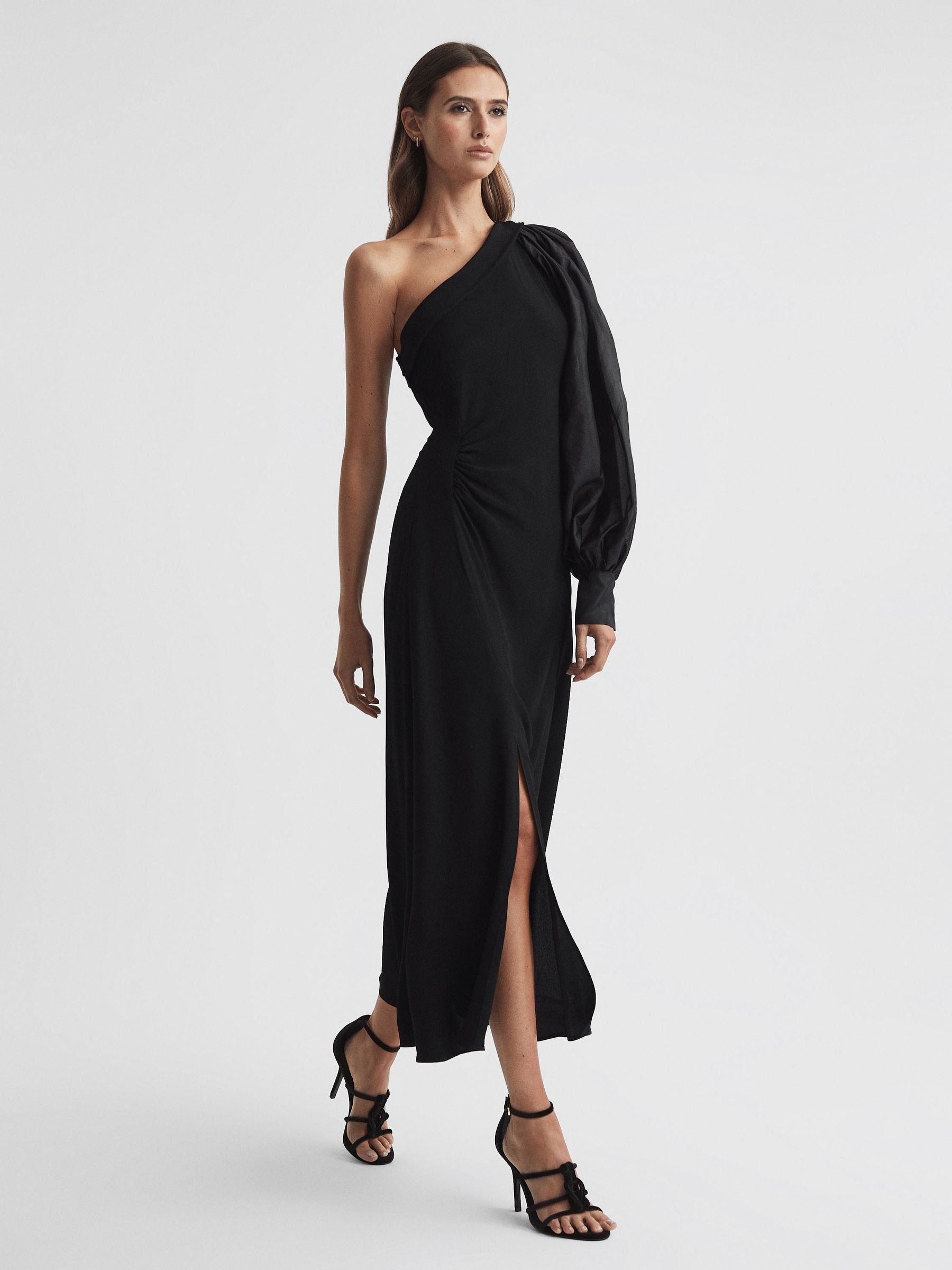 One-Shoulder Blouson Sleeve Midi Dress in Black - Image 1 of 5