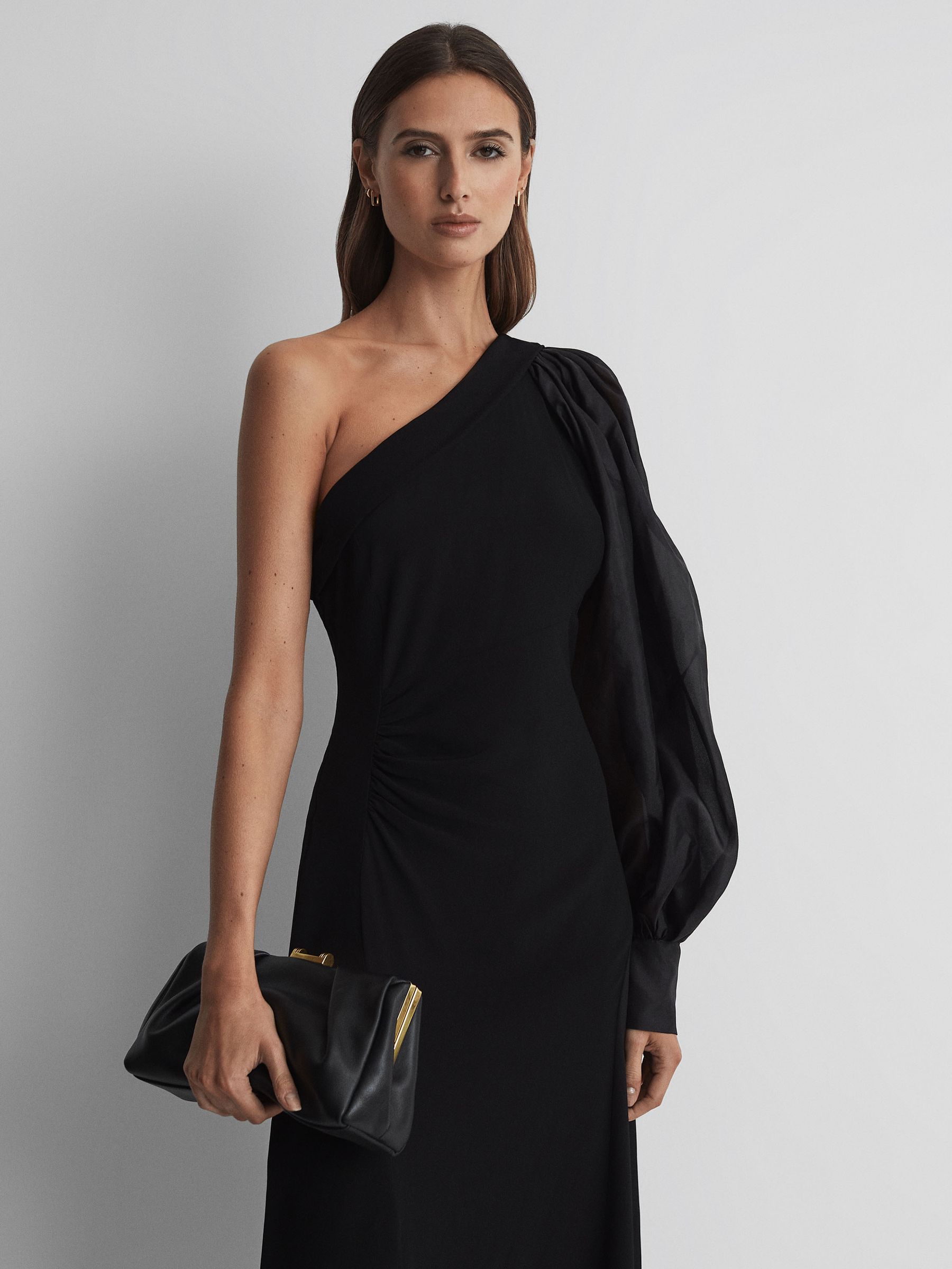 One-Shoulder Blouson Sleeve Midi Dress in Black - Image 3 of 5