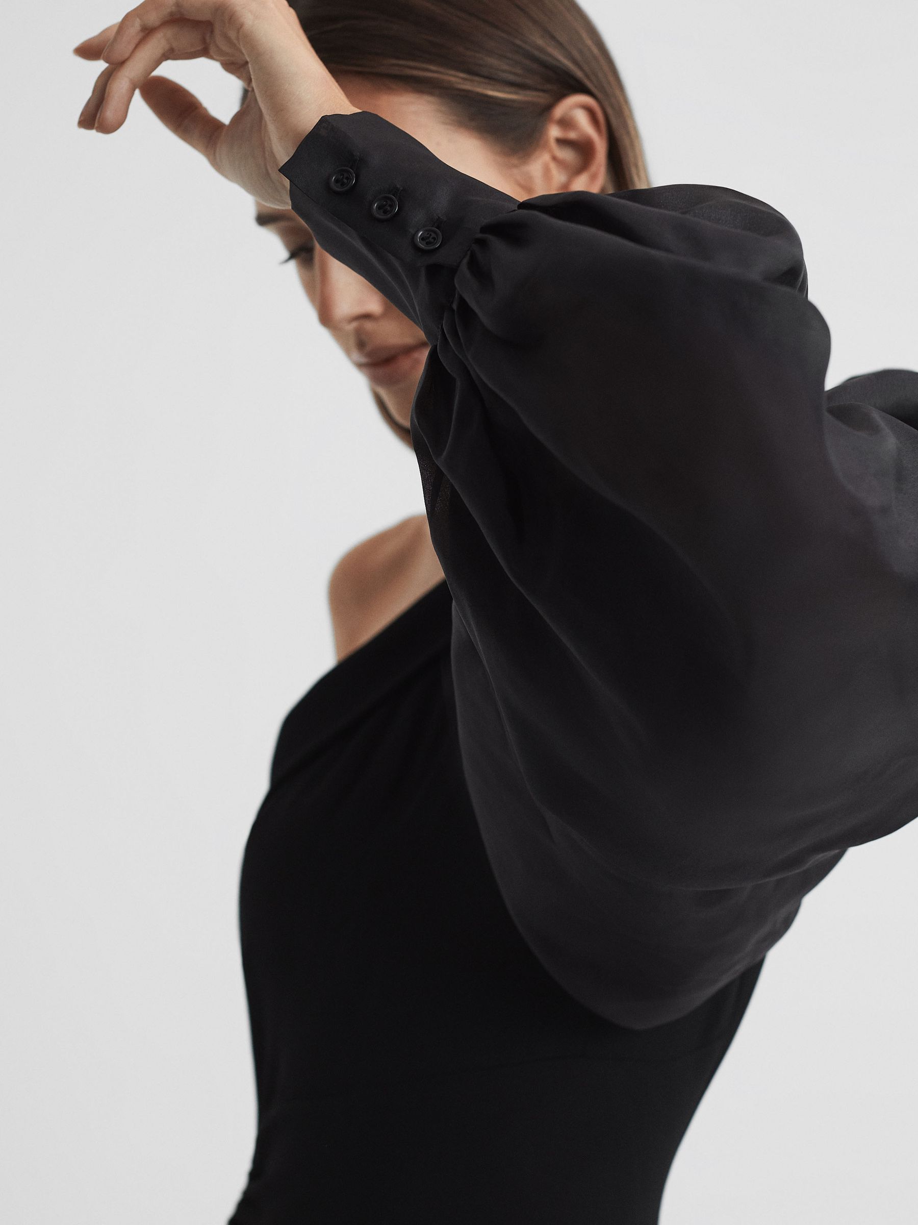 One-Shoulder Blouson Sleeve Midi Dress in Black - Image 4 of 5