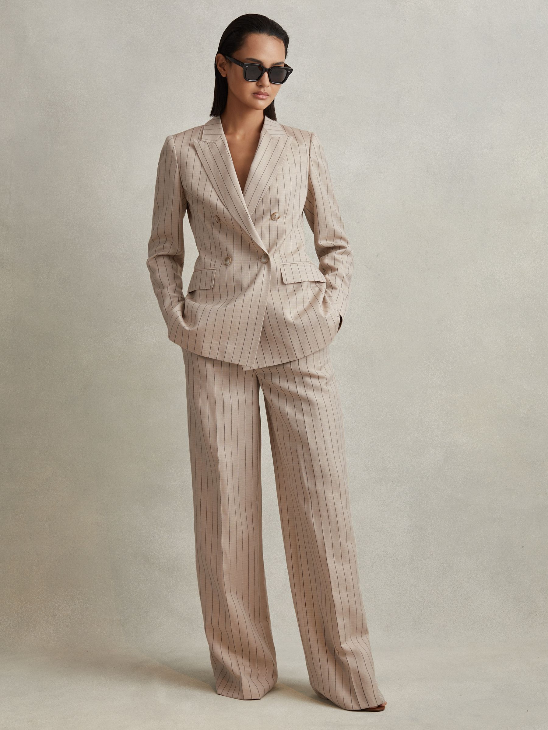 Wool Blend Striped Wide Leg Trousers in Neutral - Image 1 of 6