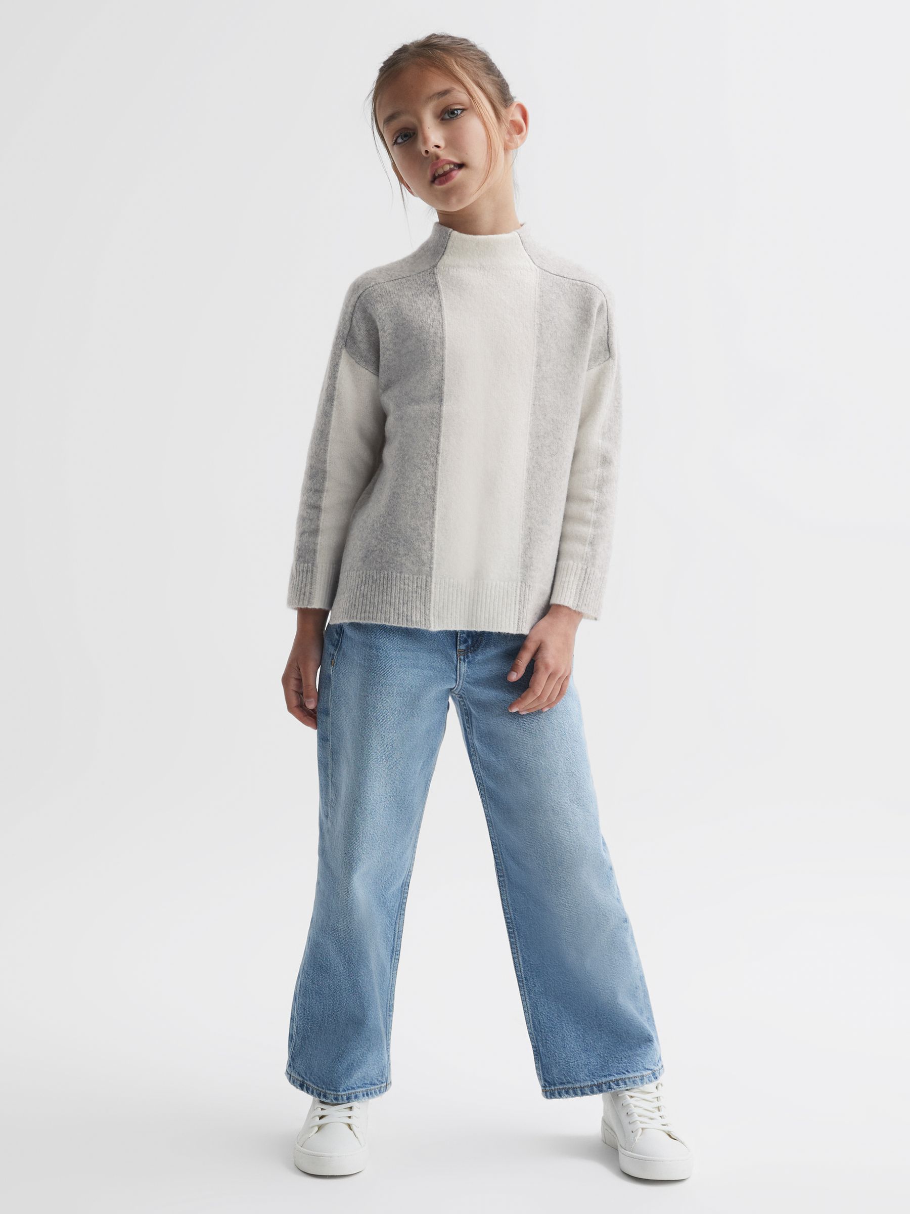 9-14 yrs Funnel Neck Striped Jumper in Grey/White - Image 1 of 6