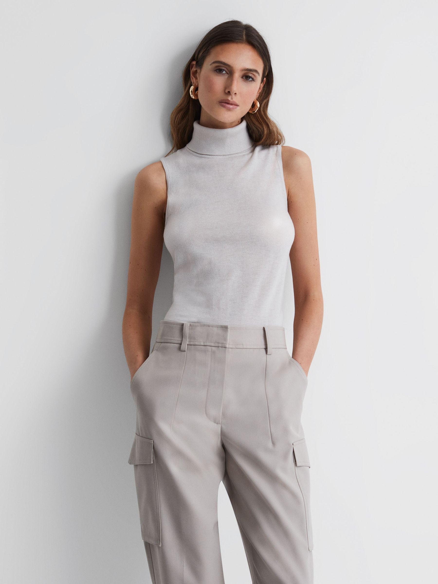 Merino Wool Sleeveless Roll Neck Top in Stone - Image 1 of 5
