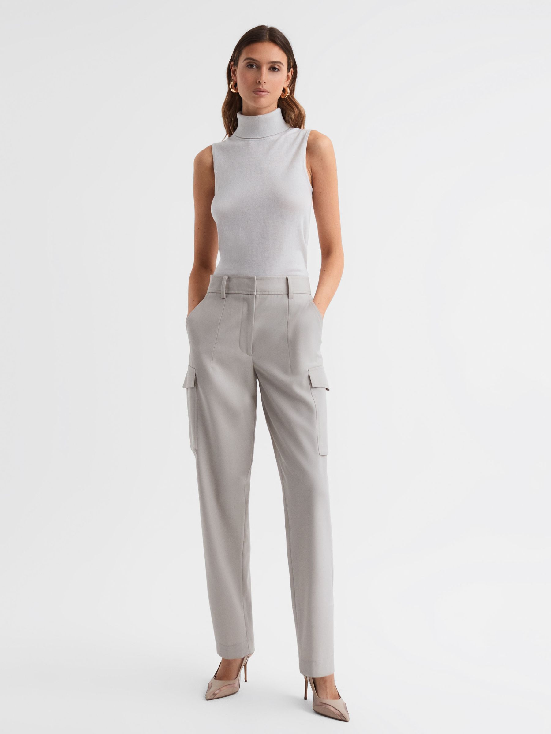 Merino Wool Sleeveless Roll Neck Top in Stone - Image 3 of 5