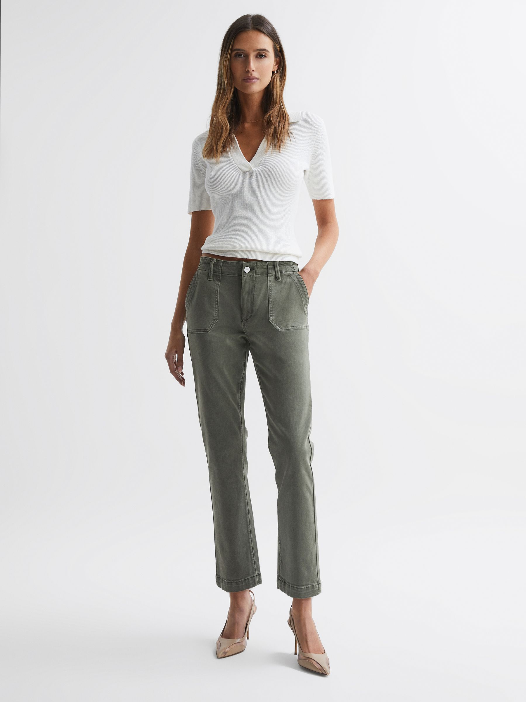 Paige High Rise Straight Leg Jeans in Vintage Ivy Green - Image 1 of 5