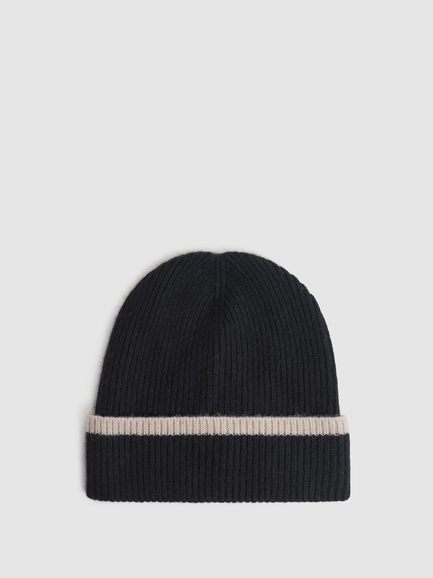 Wool Ribbed Beanie Hat in Black/Camel - Image 1 of 4
