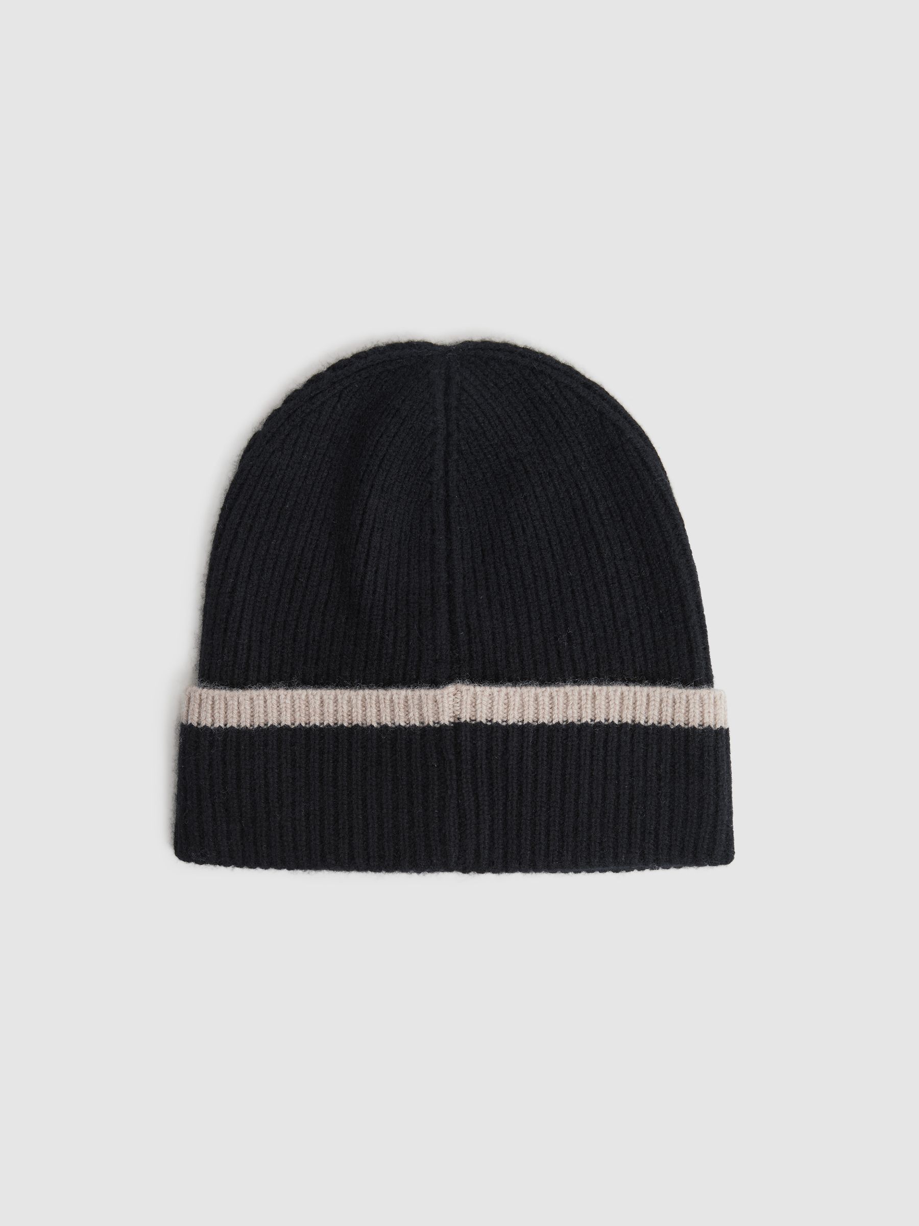 Wool Ribbed Beanie Hat in Black/Camel - Image 3 of 4