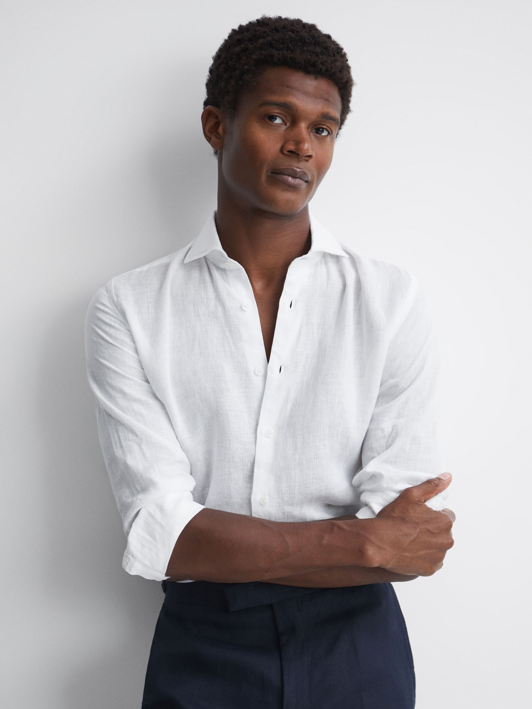 Linen Cutaway Collar Shirt in White - Image 1 of 5