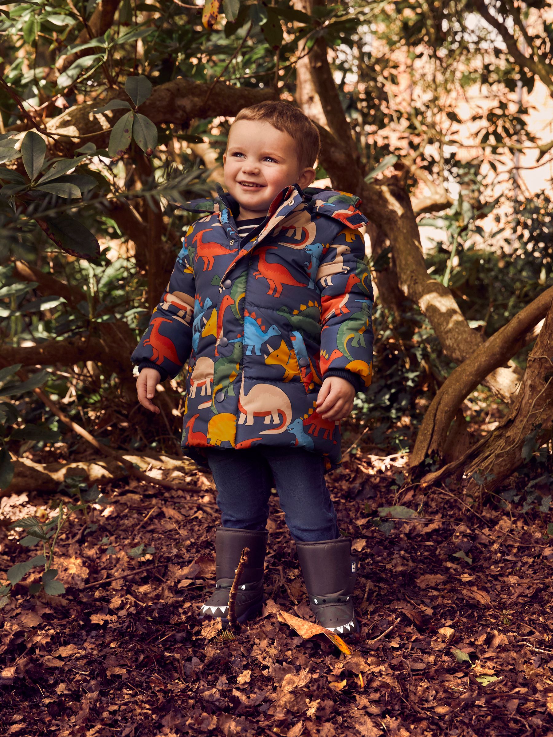 Denim Blue Dinosaur Character Puffer Jacket - Image 1 of 8