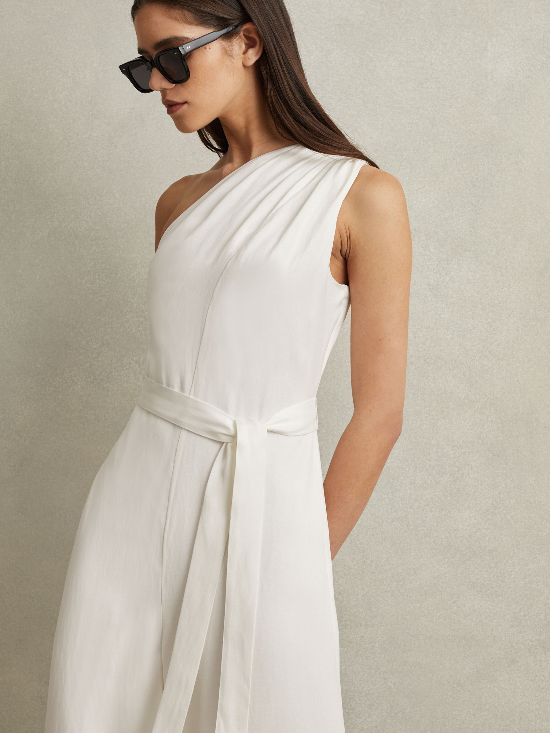 One-Shoulder Belted Jumpsuit in Ivory - Image 3 of 6