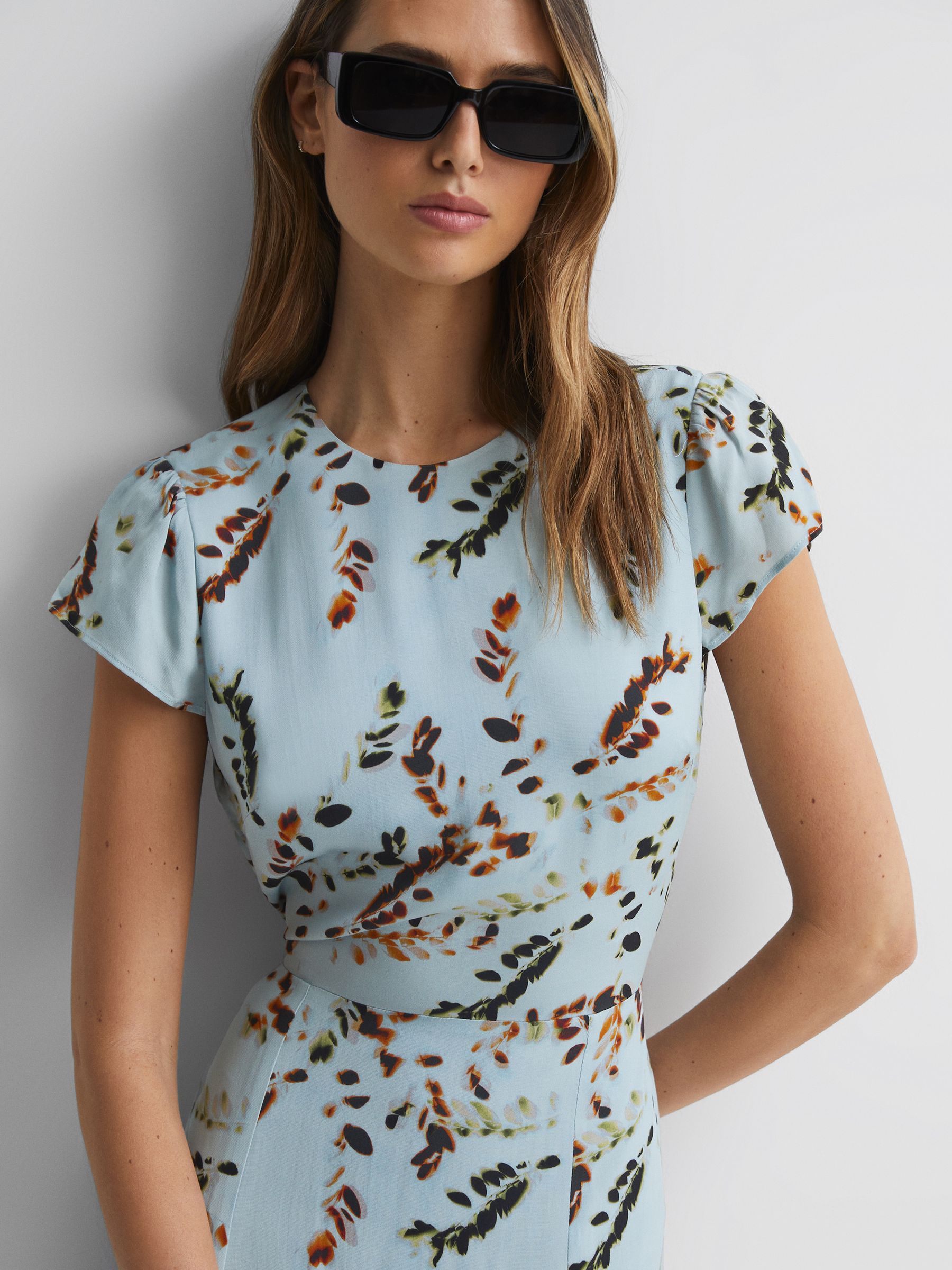 Reiss Floral Cut-Out Back Midi Dress in Sage | REISS