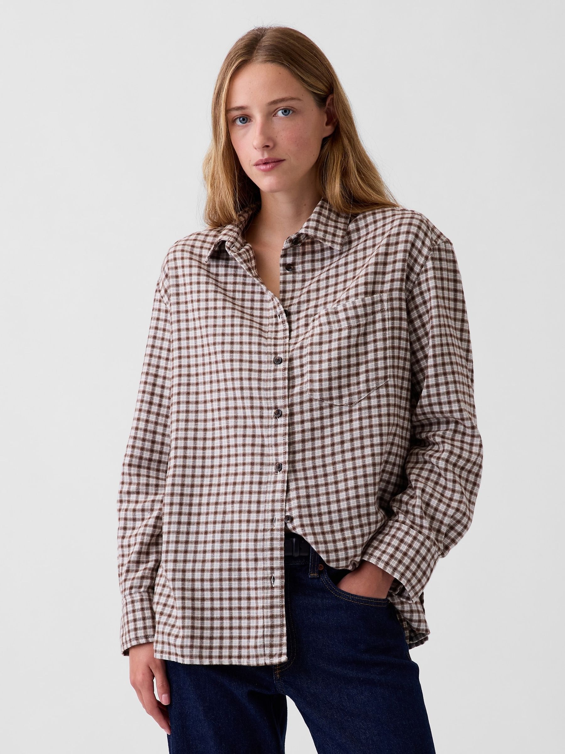 Brown & White Check Oversized Straight-Hem Flannel Shirt - Image 1 of 4