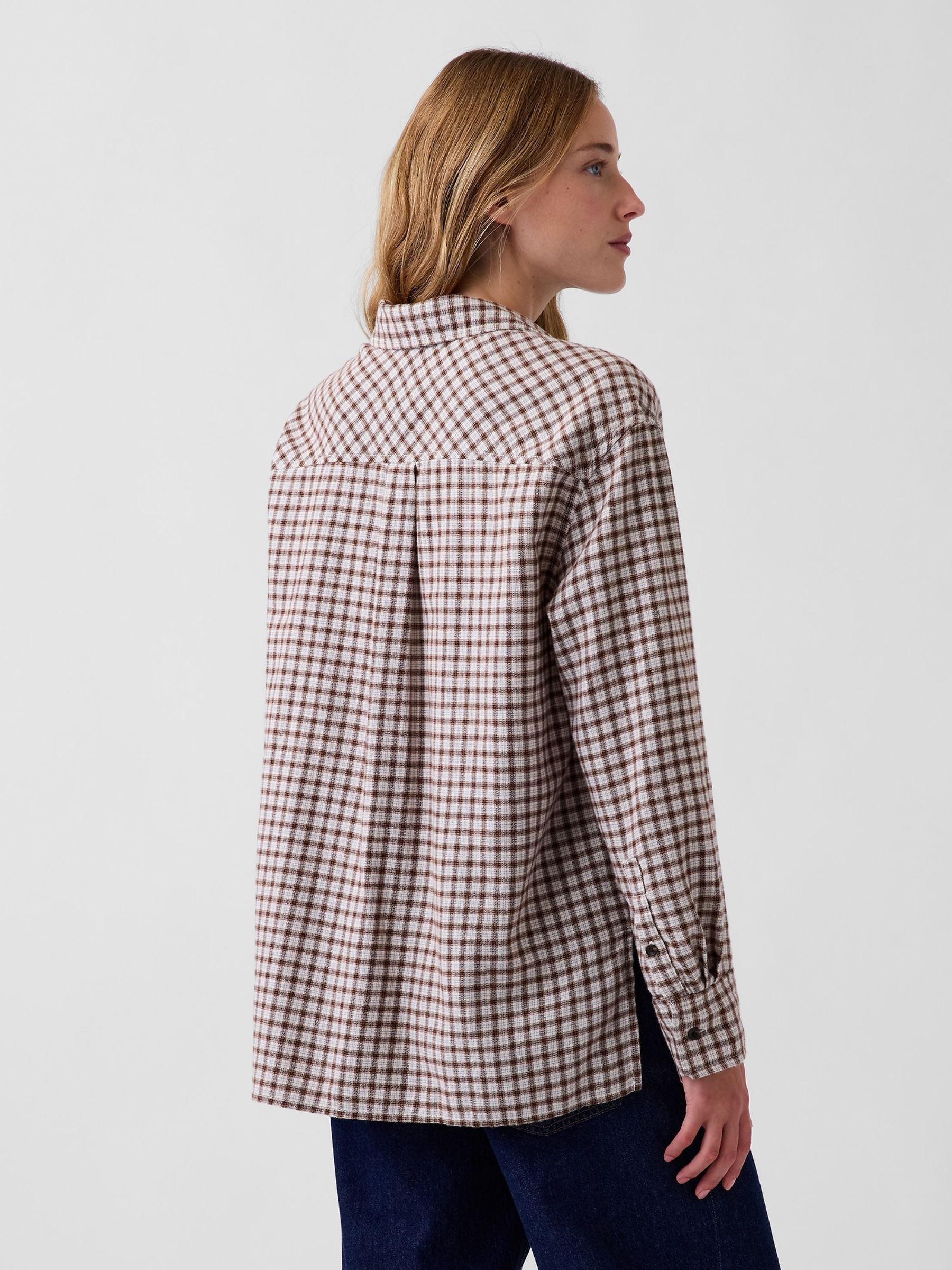 Brown & White Check Oversized Straight-Hem Flannel Shirt - Image 2 of 4