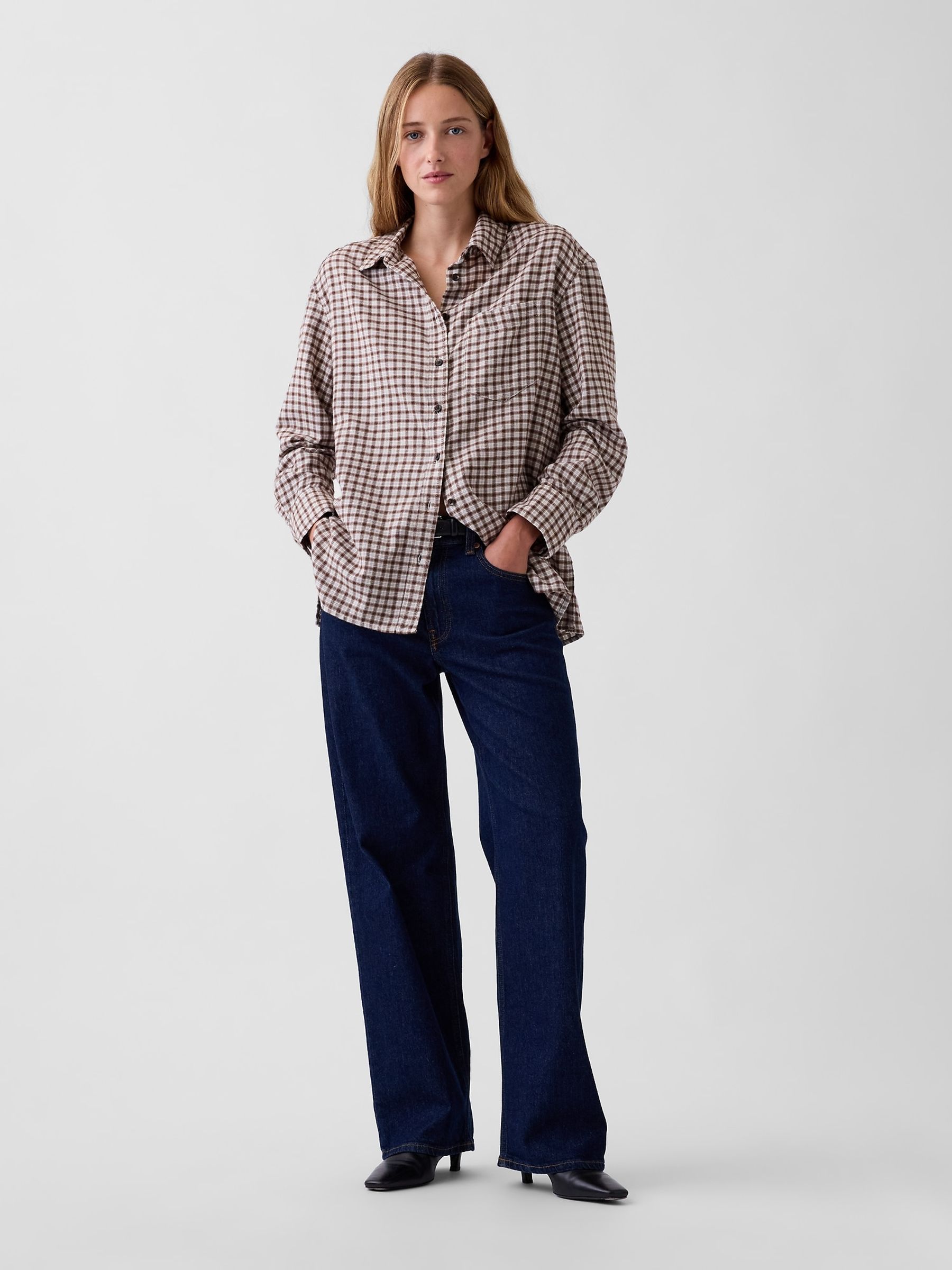 Brown & White Check Oversized Straight-Hem Flannel Shirt - Image 3 of 4