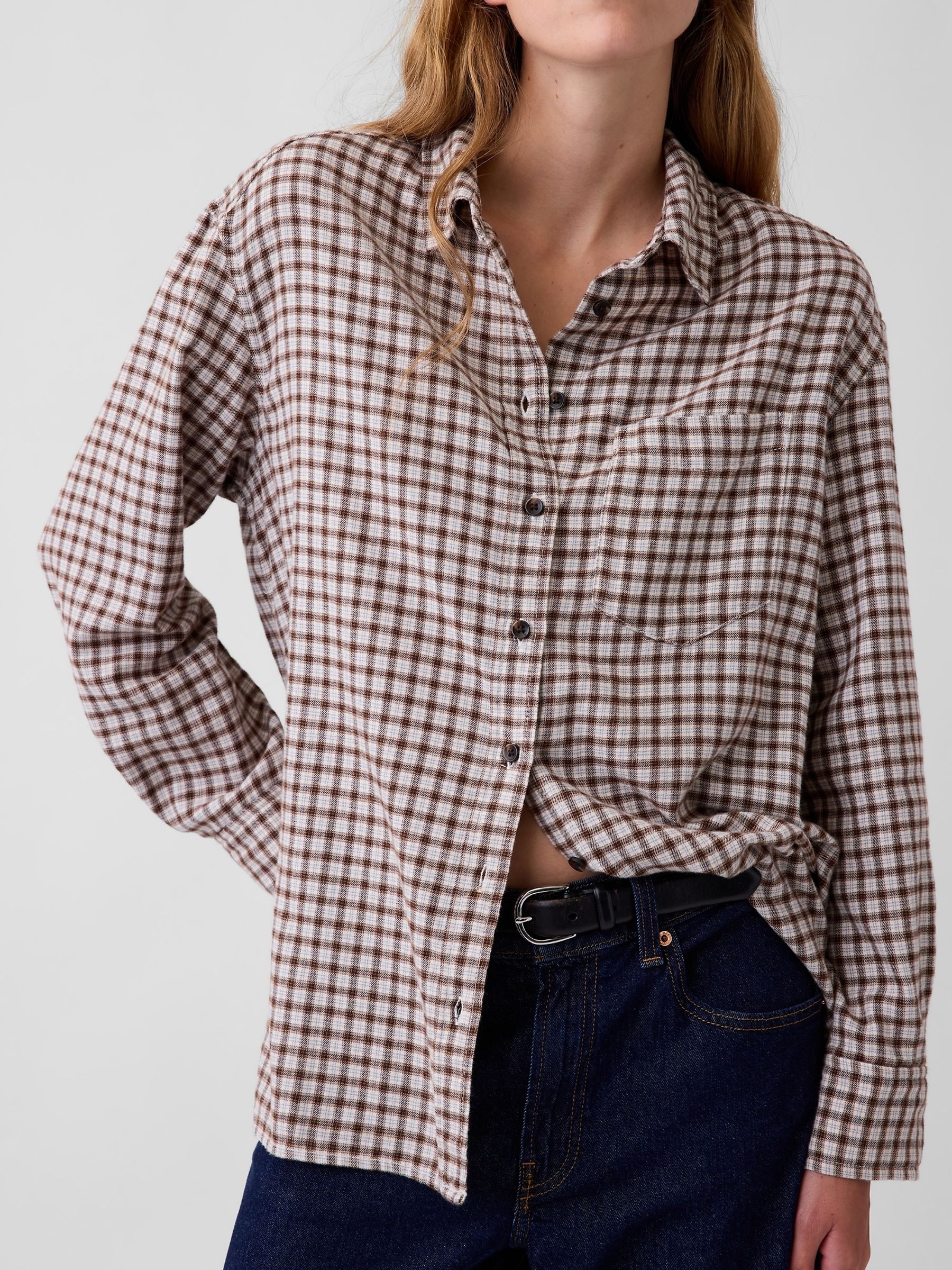 Brown & White Check Oversized Straight-Hem Flannel Shirt - Image 4 of 4