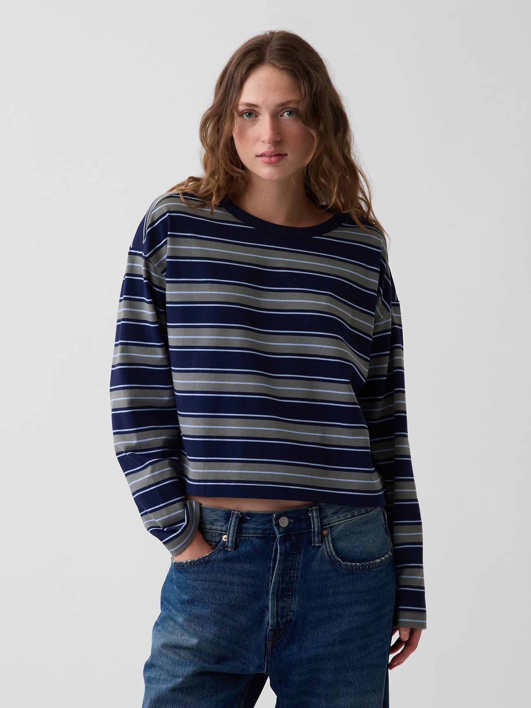 Navy & Green Stripe Knit Oversized Long Sleeve Crop T-Shirt - Image 1 of 4