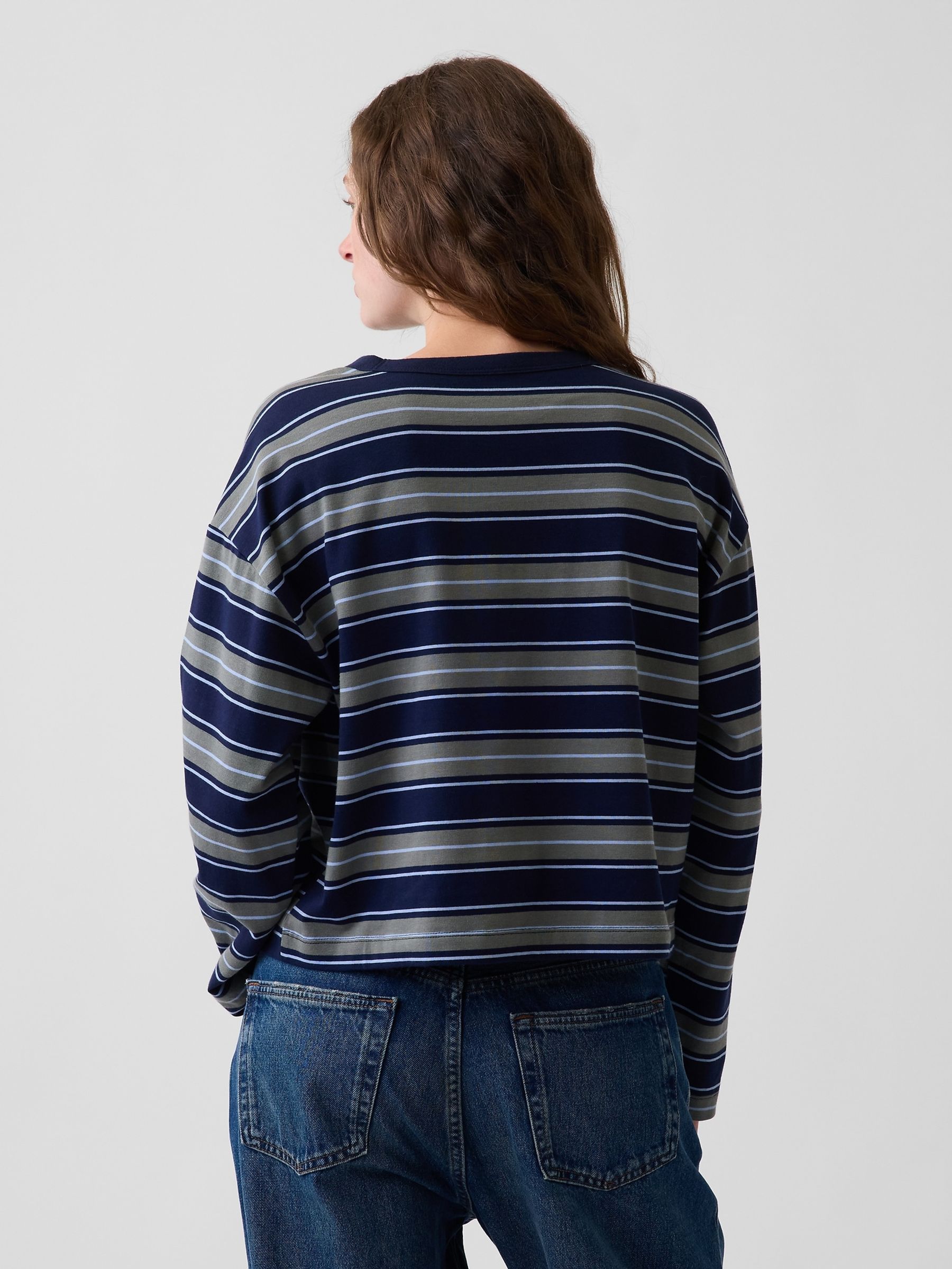 Navy & Green Stripe Knit Oversized Long Sleeve Crop T-Shirt - Image 2 of 4 Navy & Green Stripe Knit Oversized Long Sleeve Crop T-Shirt - Image 2 of 4