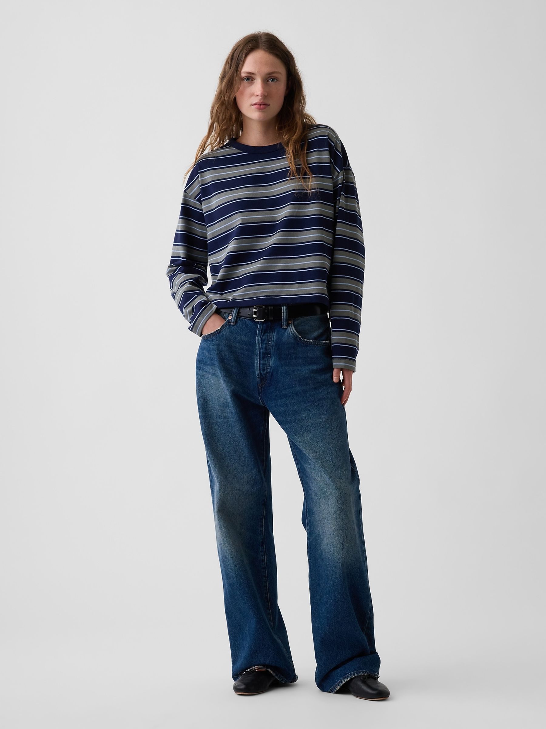 Navy & Green Stripe Knit Oversized Long Sleeve Crop T-Shirt - Image 3 of 4