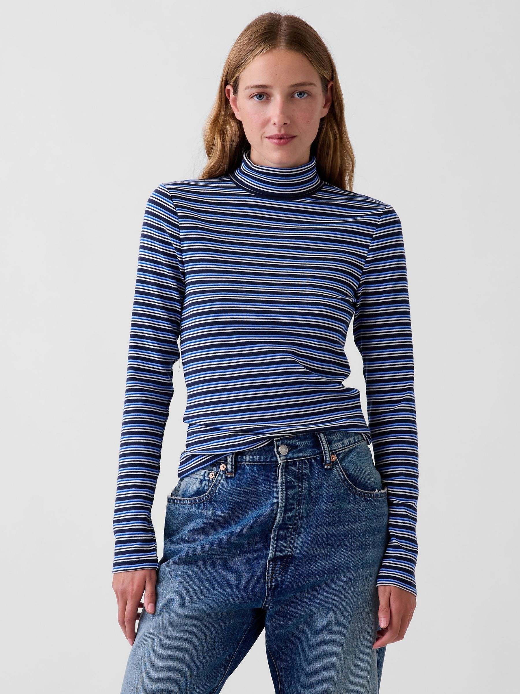 Navy Stripe Modern Turtle Neck Long Sleeve T-Shirt - Image 1 of 3