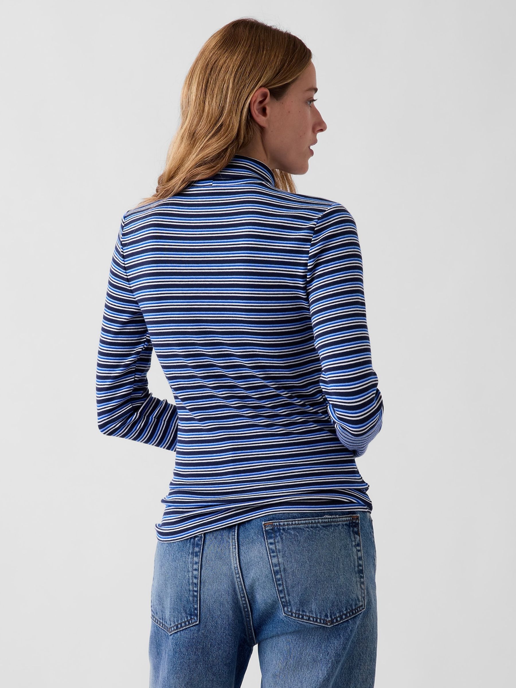 Navy Stripe Modern Turtle Neck Long Sleeve T-Shirt - Image 2 of 3 Navy Stripe Modern Turtle Neck Long Sleeve T-Shirt - Image 2 of 3