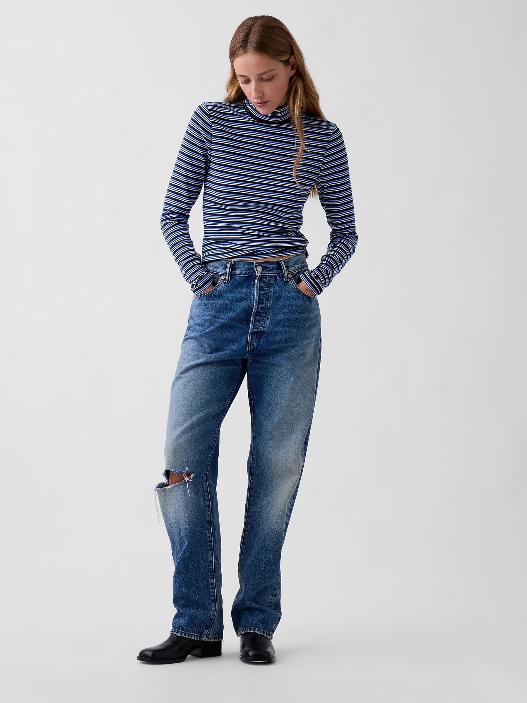 Navy Stripe Modern Turtle Neck Long Sleeve T-Shirt - Image 3 of 3