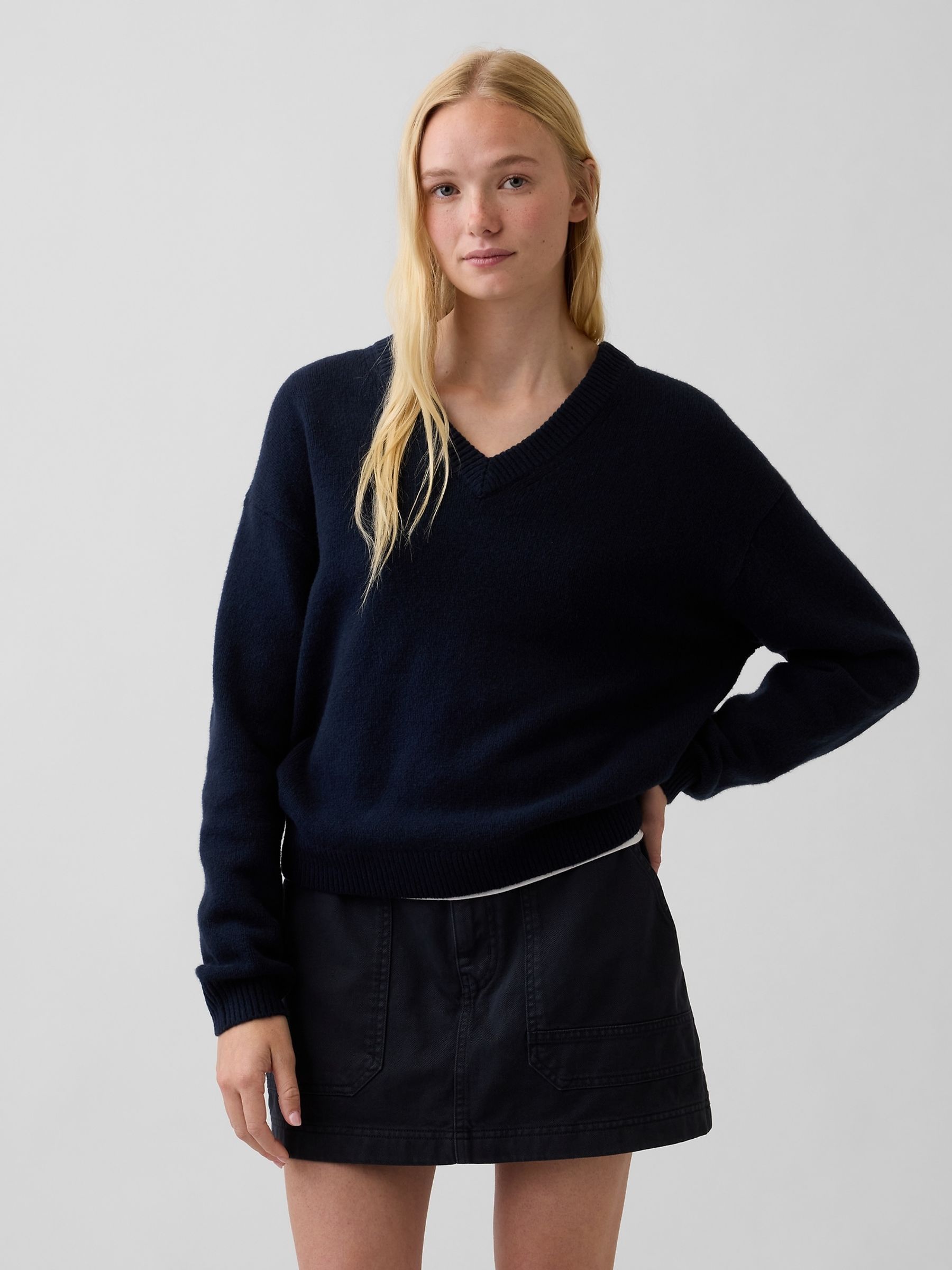 Navy CashSoft Oversized V-Neck Jumper - Image 1 of 4 Navy CashSoft Oversized V-Neck Jumper - Image 1 of 4