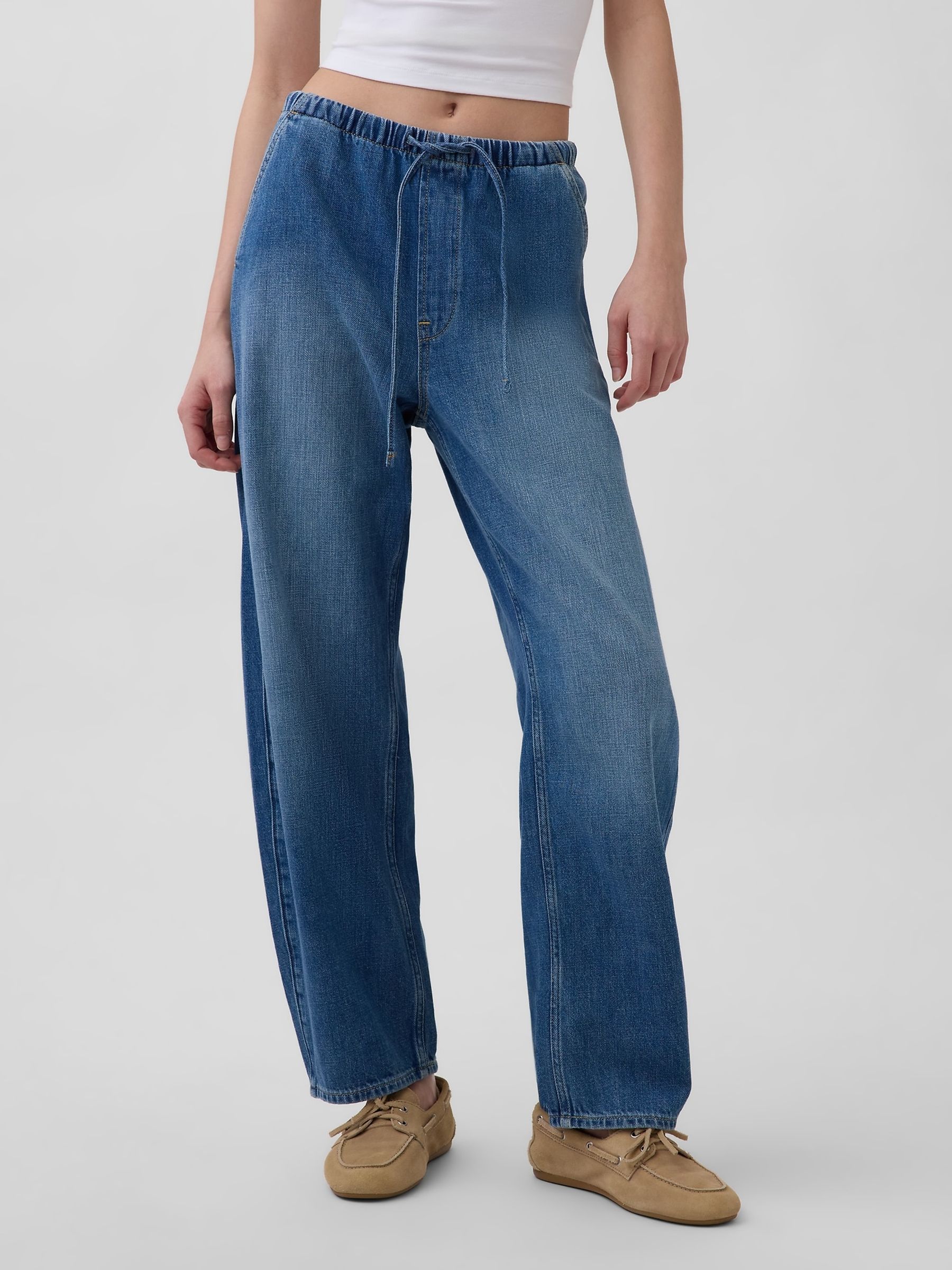 Medium Wash Pull Over Blue High Waisted Easy Barrel Jeans - Image 1 of 5