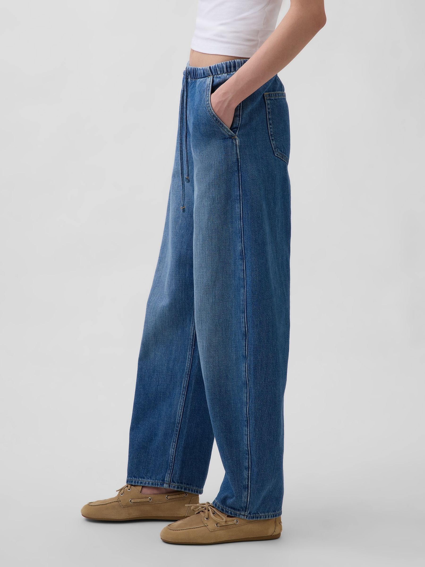 Medium Wash Pull Over Blue High Waisted Easy Barrel Jeans - Image 3 of 5