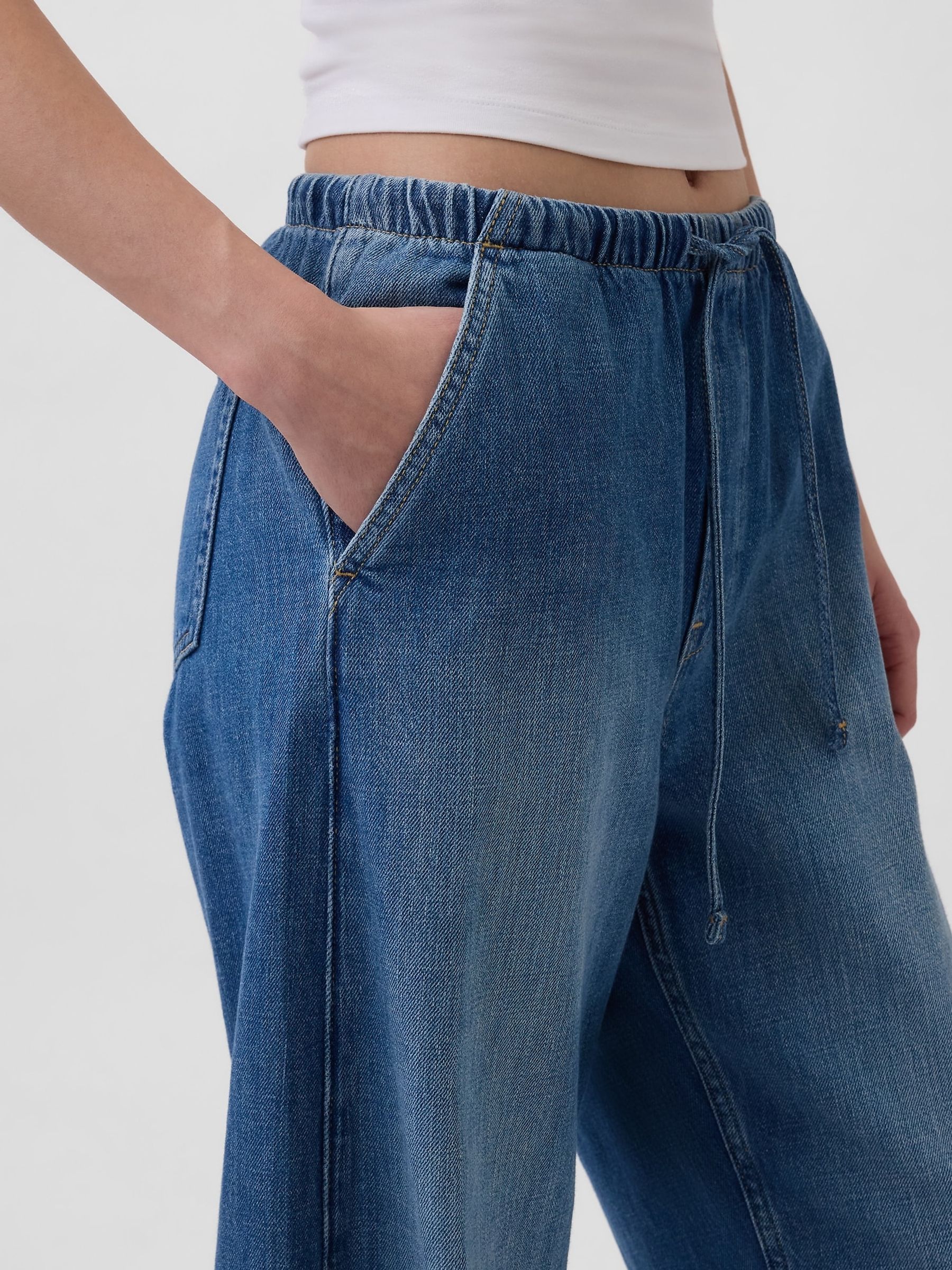 Medium Wash Pull Over Blue High Waisted Easy Barrel Jeans - Image 5 of 5