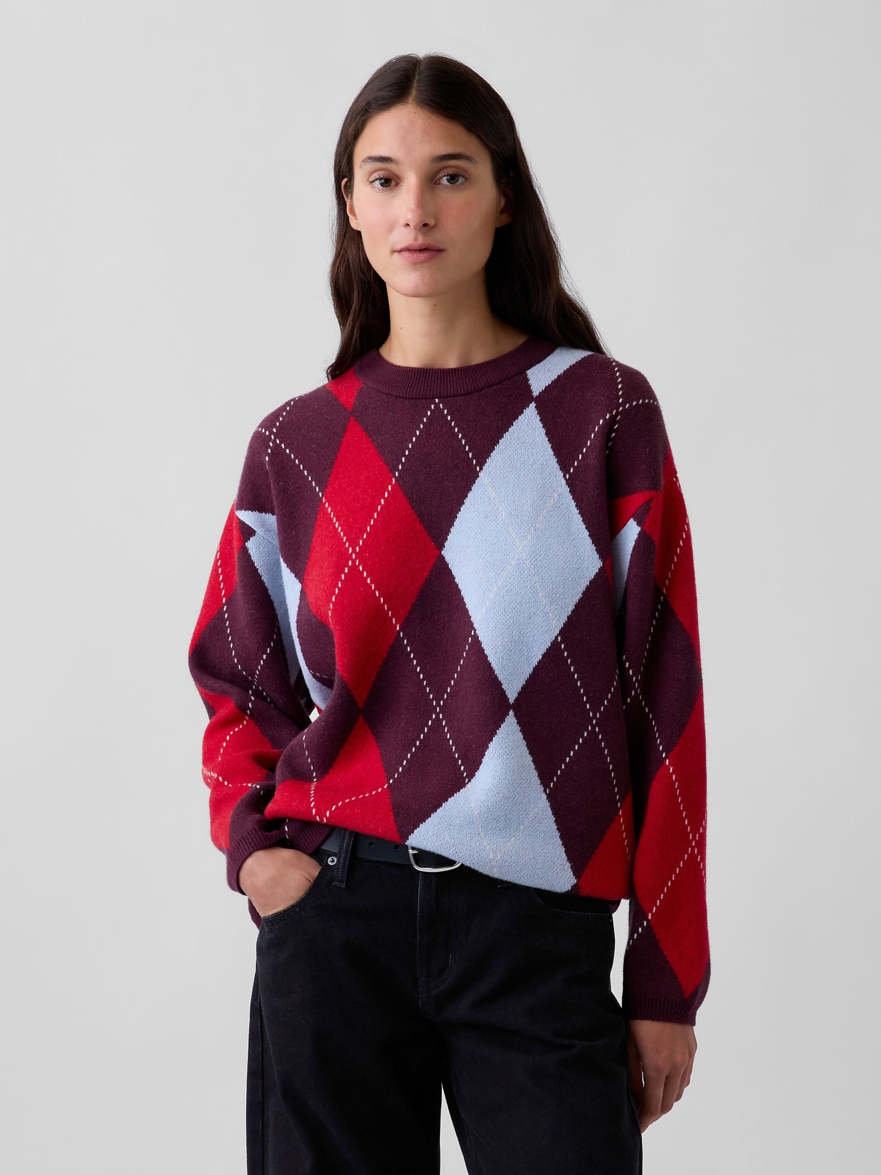 Burgundy Red CashSoft Oversized Argyle Jumper - Image 1 of 4