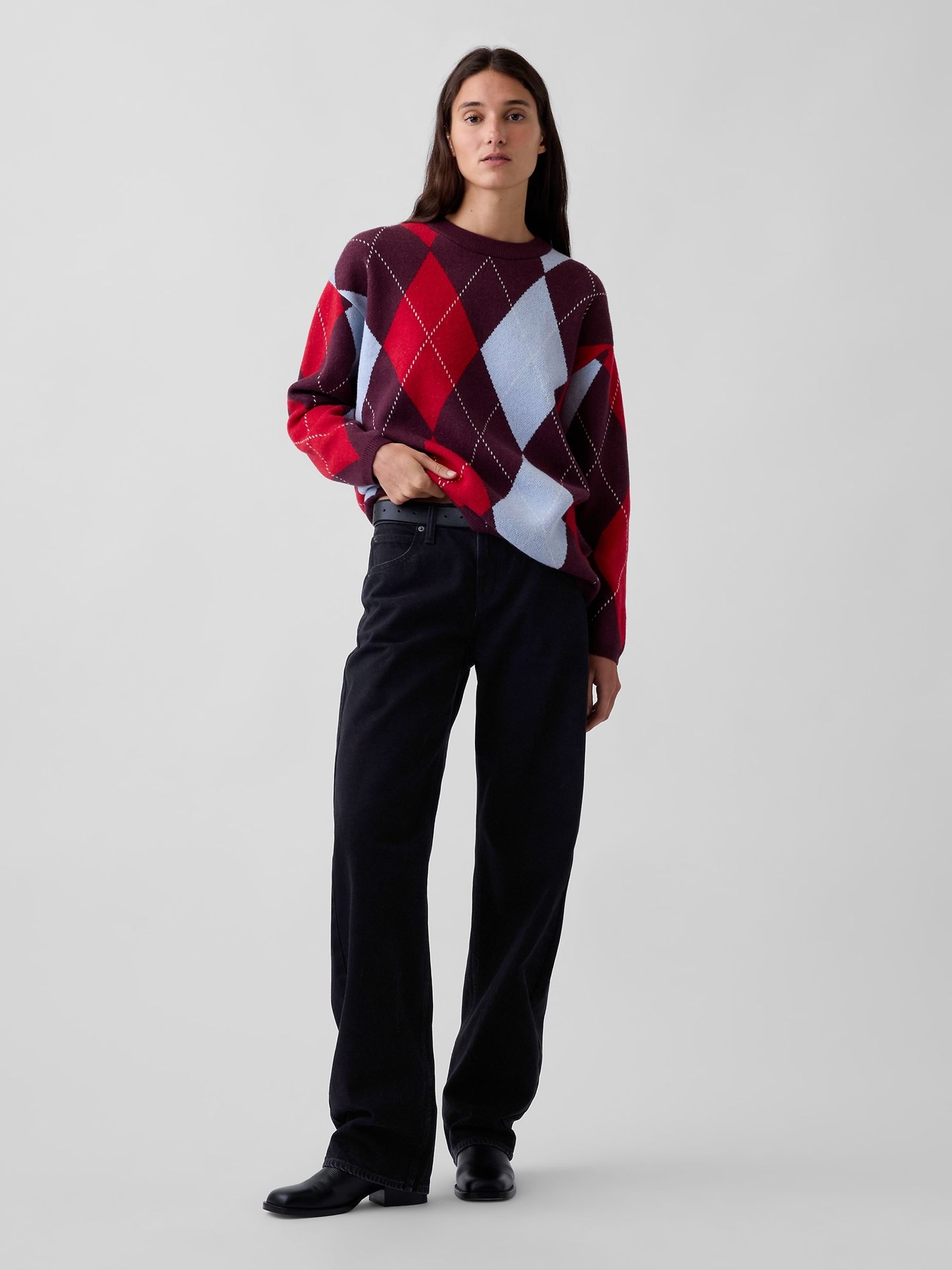 Burgundy Red CashSoft Oversized Argyle Jumper - Image 3 of 4