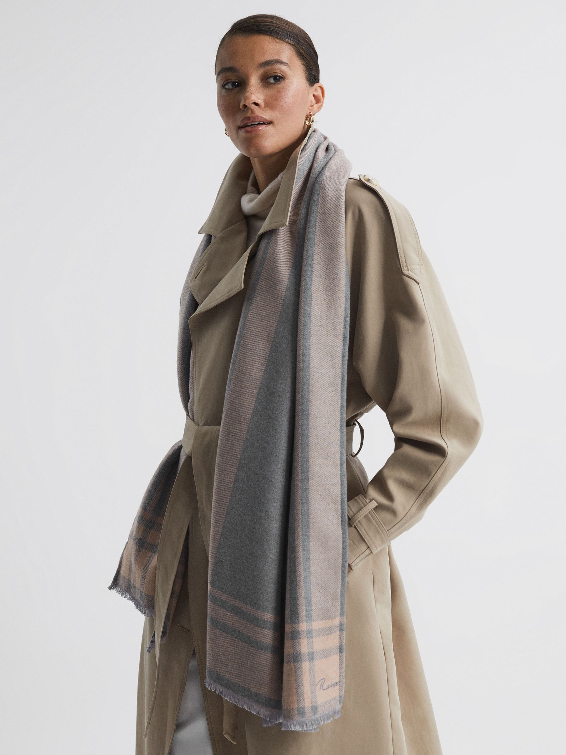 Checked Embroidered Scarf in Pink/Grey - Image 2 of 4 Checked Embroidered Scarf in Pink/Grey - Image 2 of 4