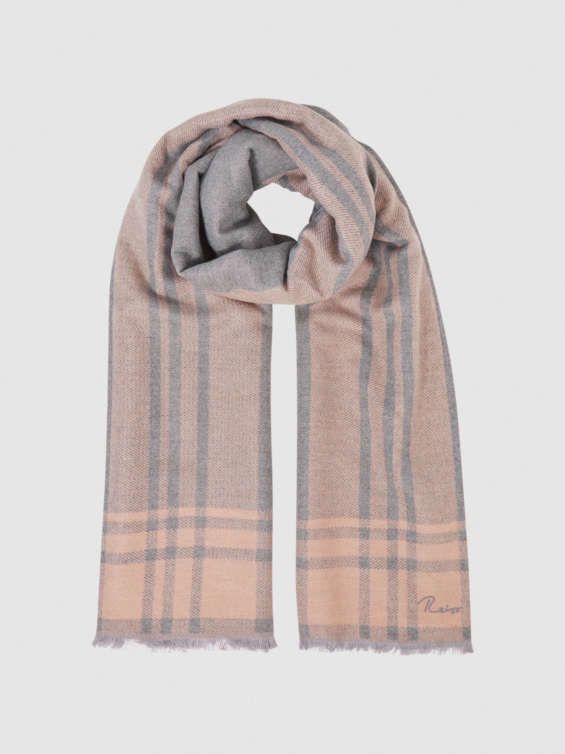 Checked Embroidered Scarf in Pink/Grey - Image 3 of 4