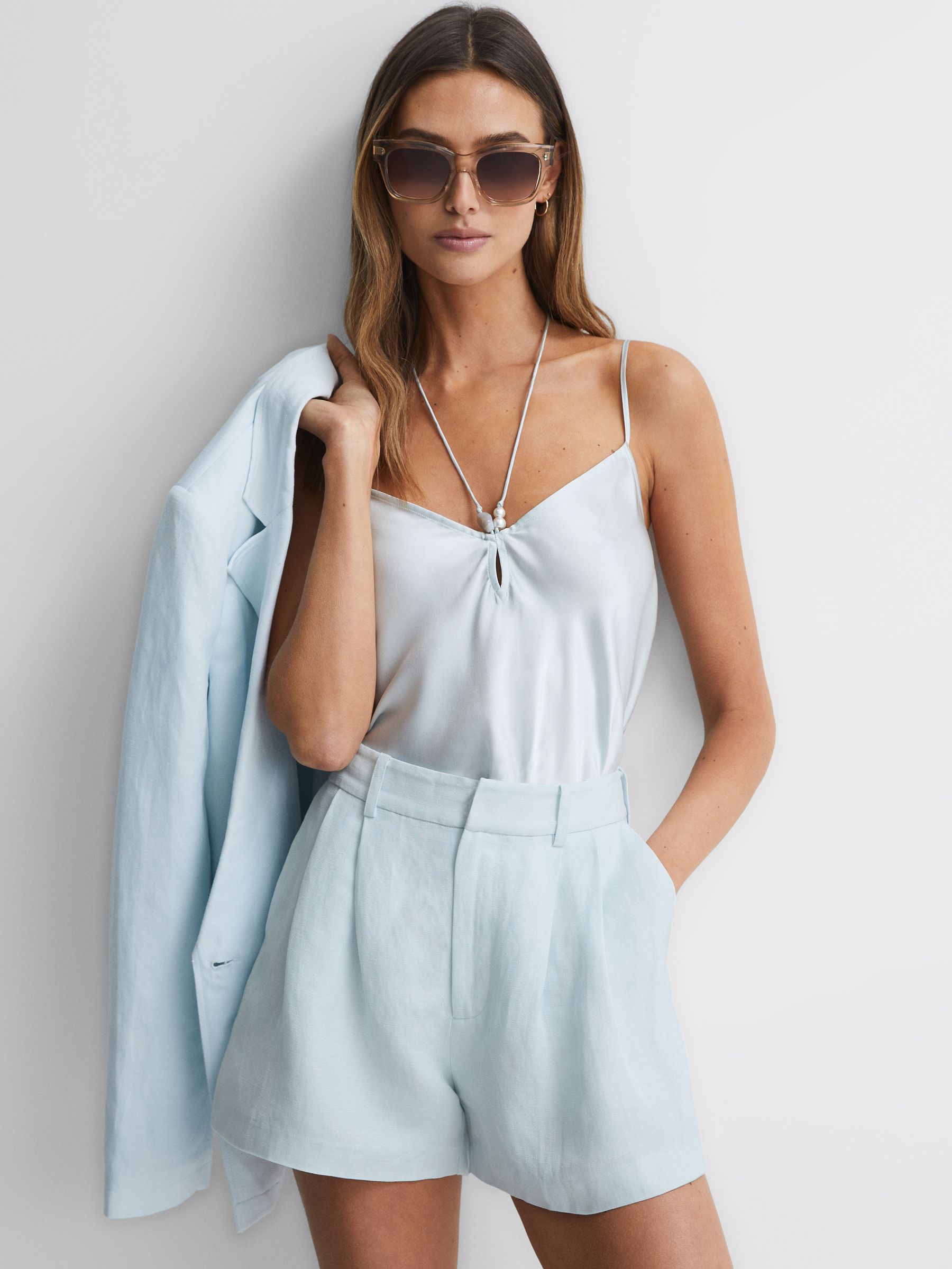 Paige Linen Blend High Rise Suit Shorts in Ice Flow - Image 1 of 5 Paige Linen Blend High Rise Suit Shorts in Ice Flow - Image 1 of 5